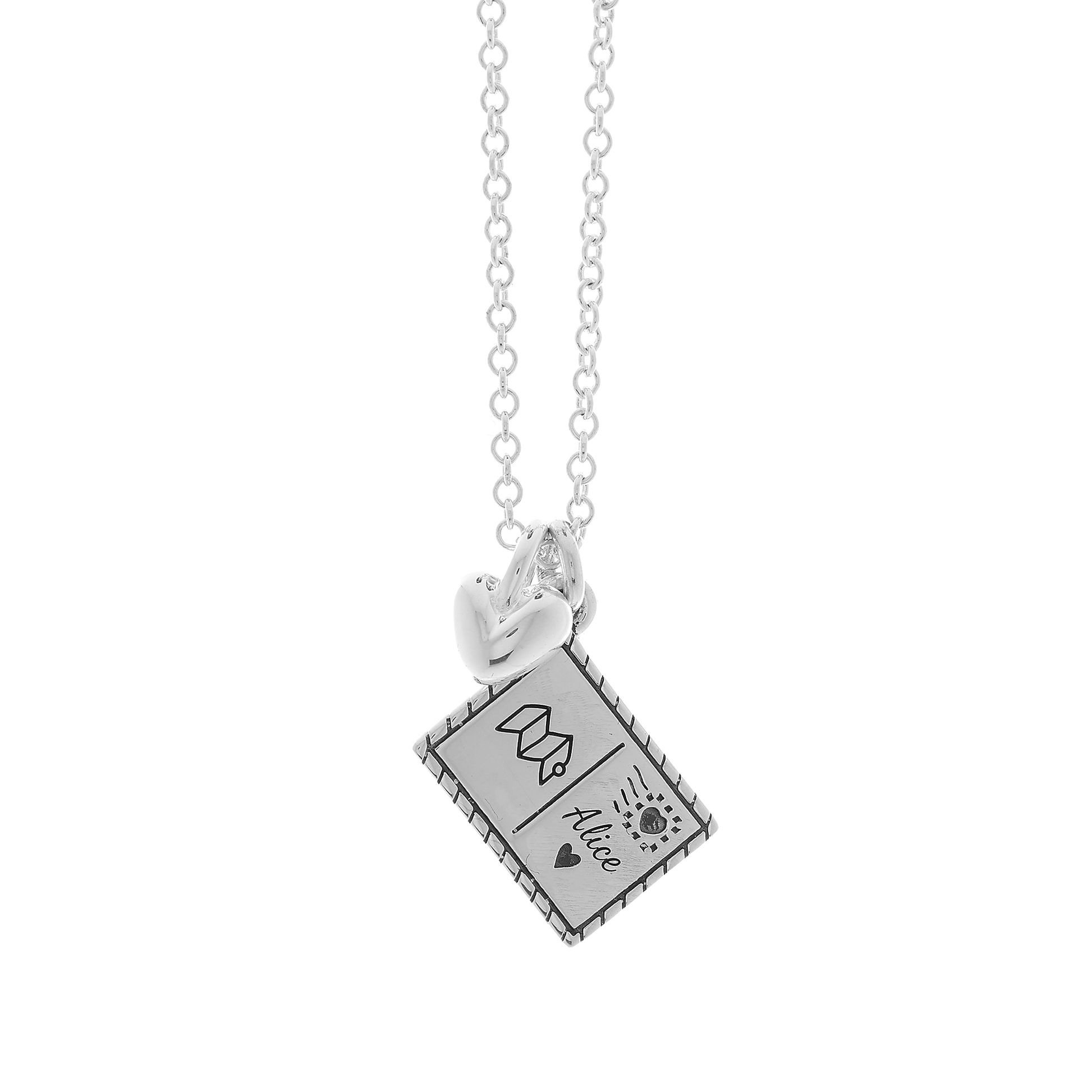 Silver necklace with a postcard pendant featuring and heart the word 'Alice' on a white background.