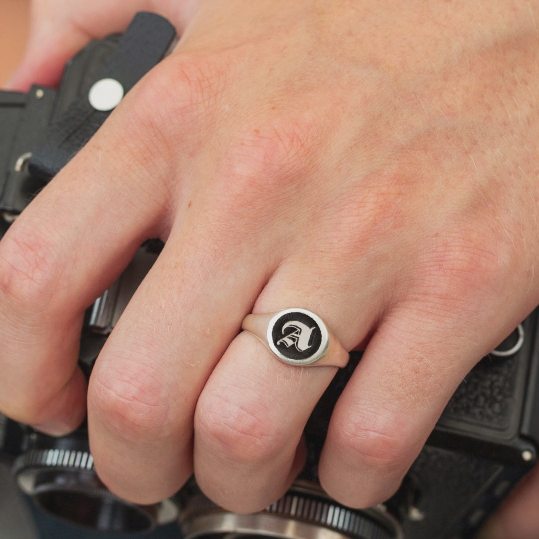 Load video: Gothic Initial Round Silver Signet Ring