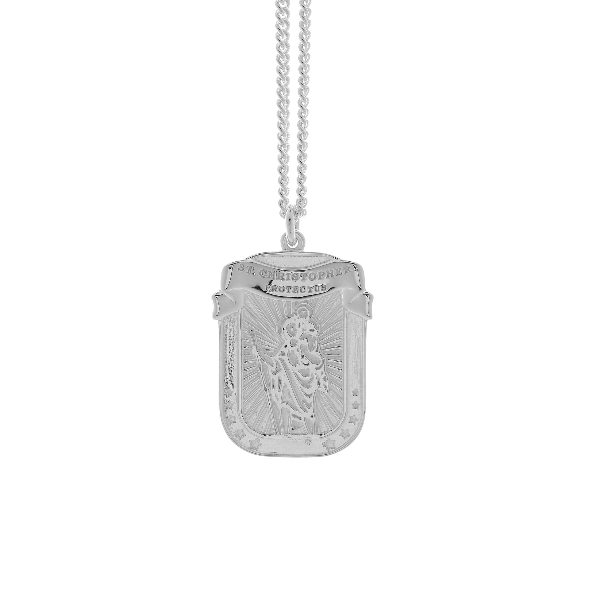 silver unusual dog tag saint christopher necklace on curb chain