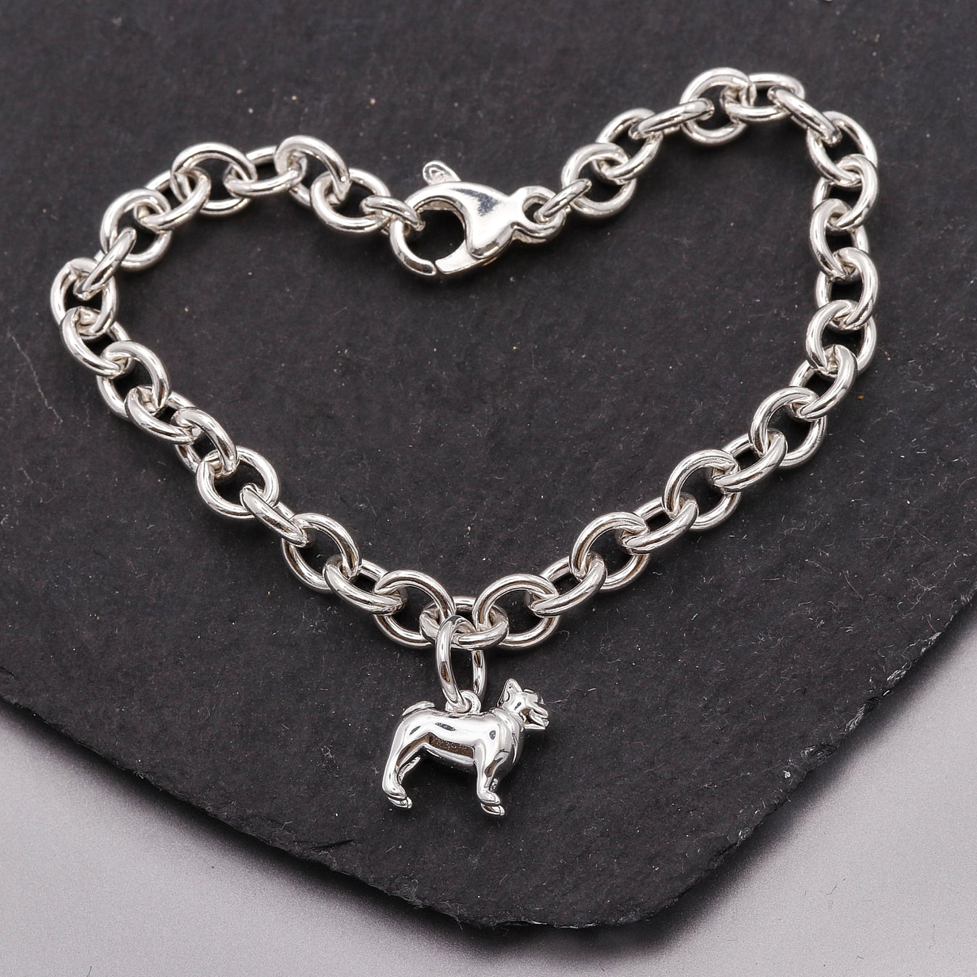 Silver chain bracelet with a dog charm on a black stone surface