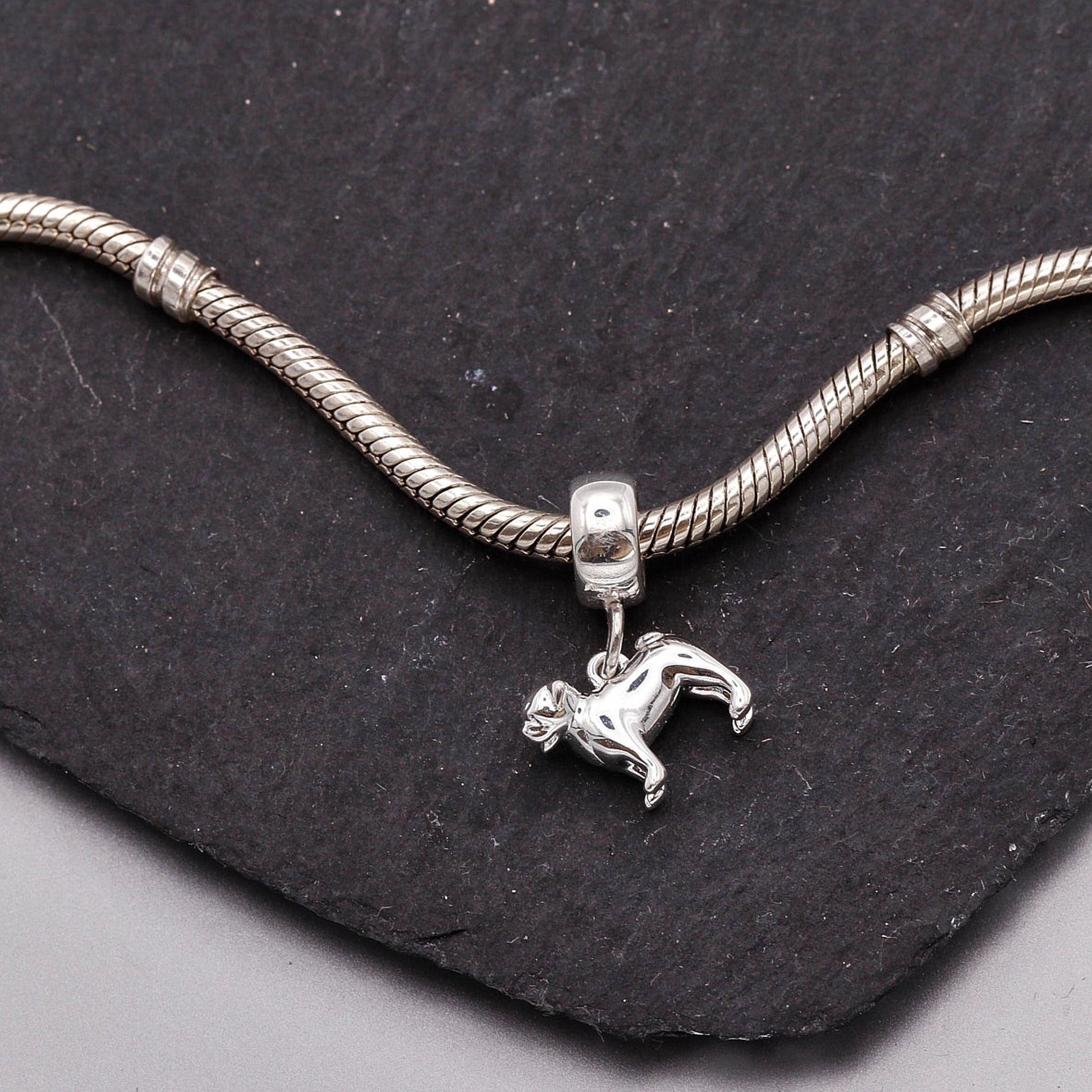 Silver snake chain necklace with a pug dog pendant on a black stone surface