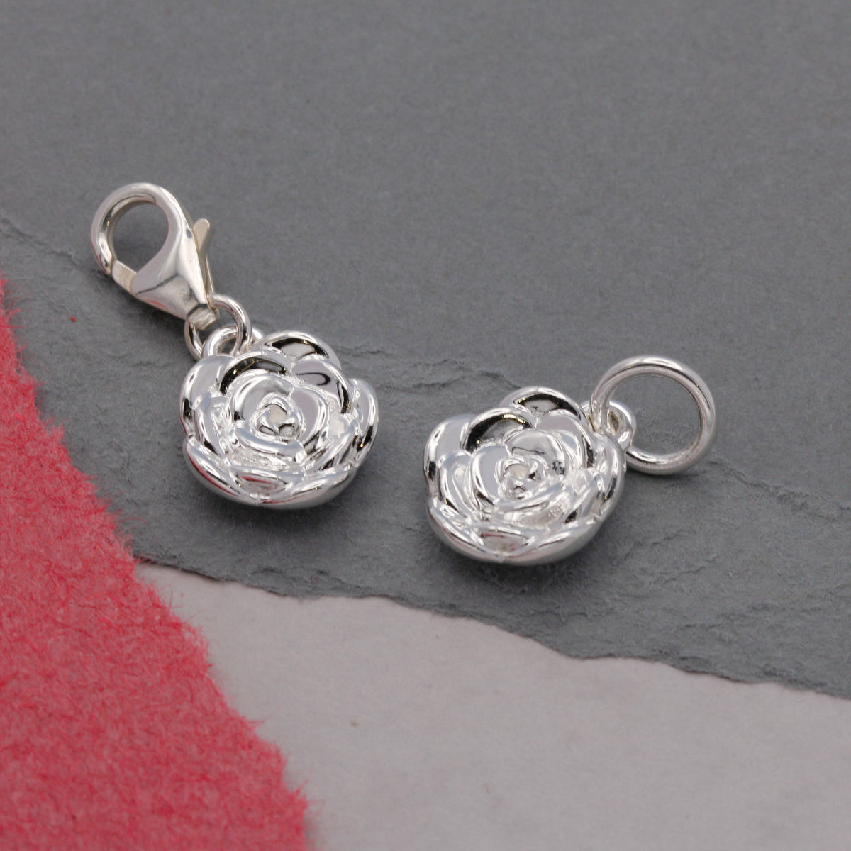 rose flower silver charm as seen at Chelsea Flower Show with jump ring and clip clasp