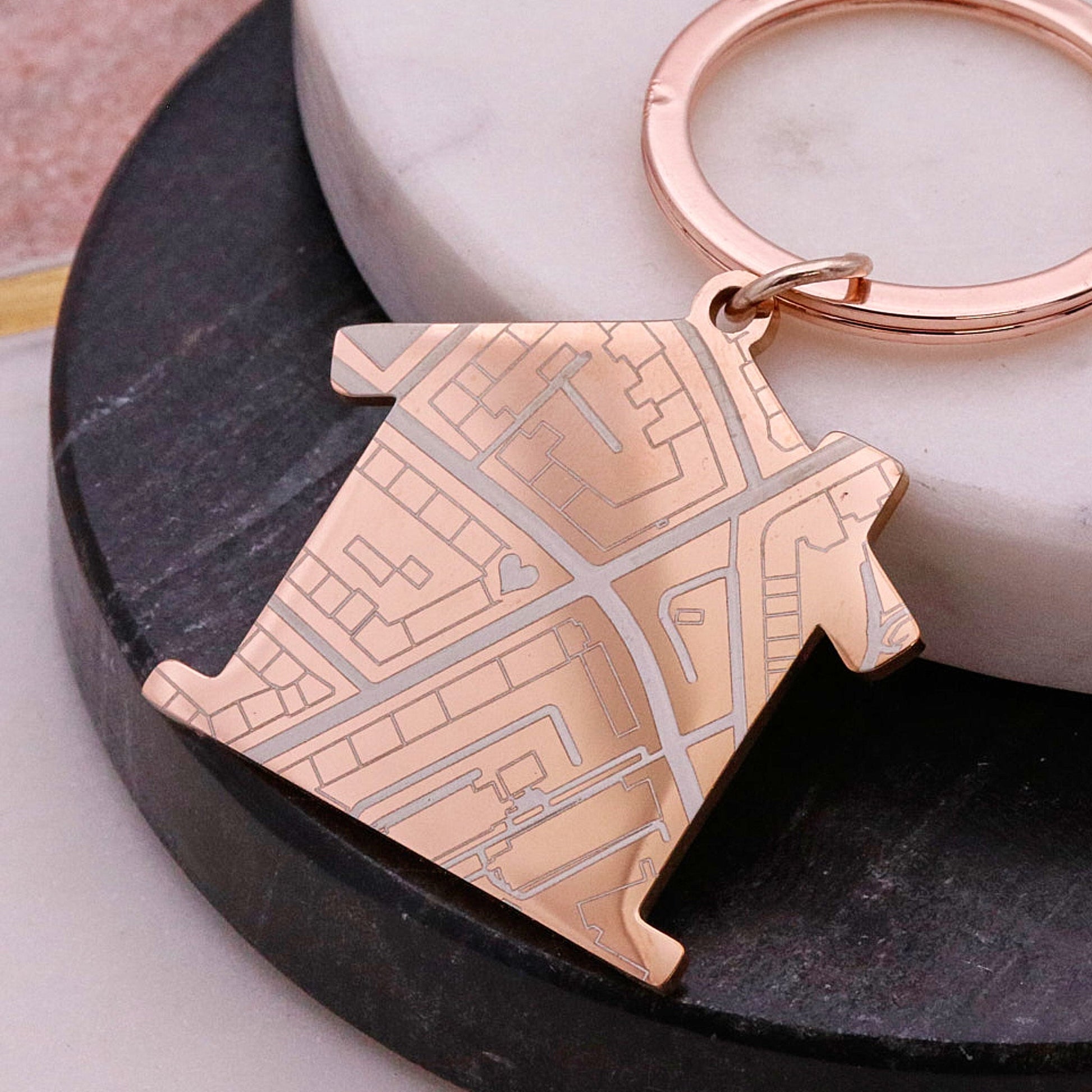 Rose gold house shaped silver keyring with street map design