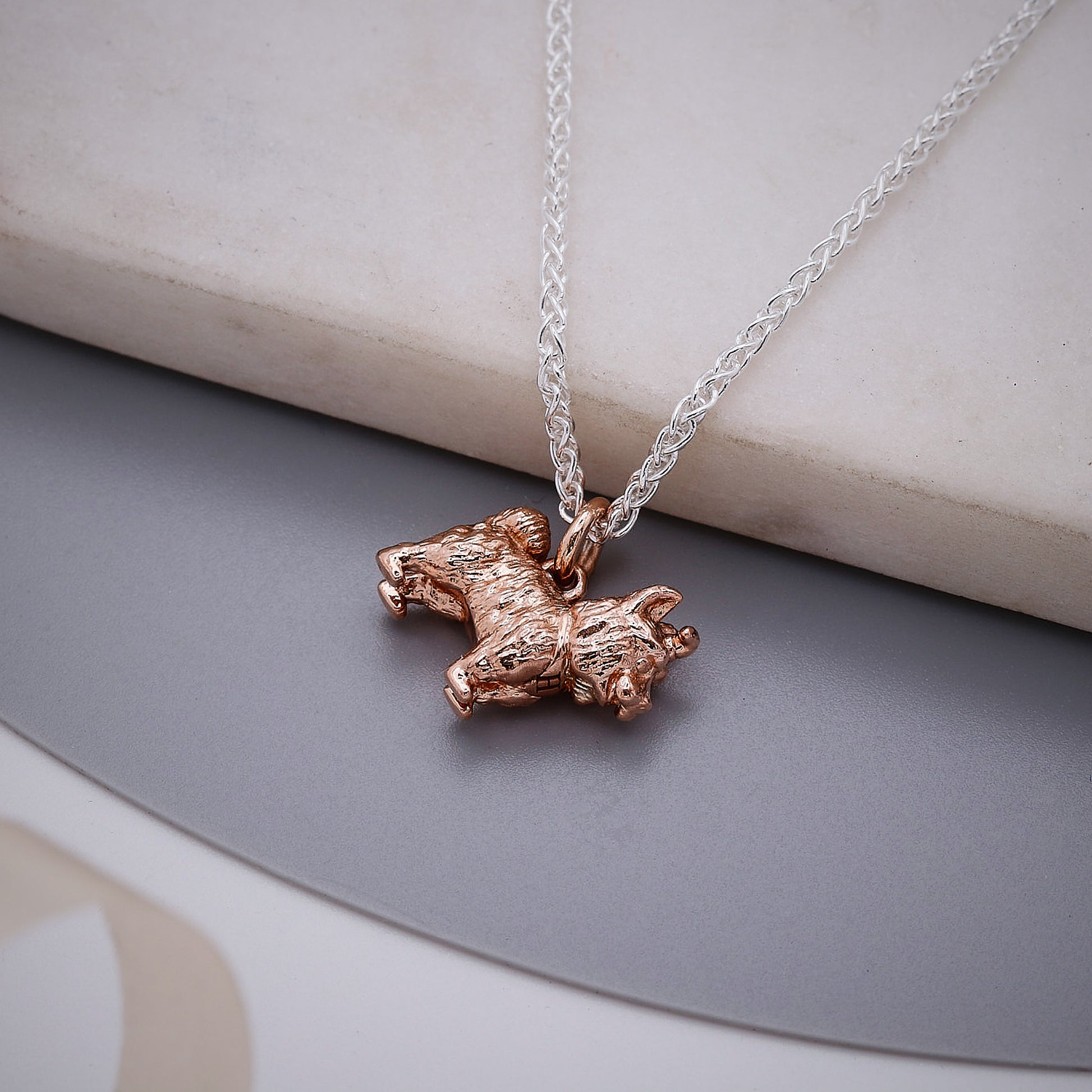 rose gold yorkshire terrier necklace on silver chain