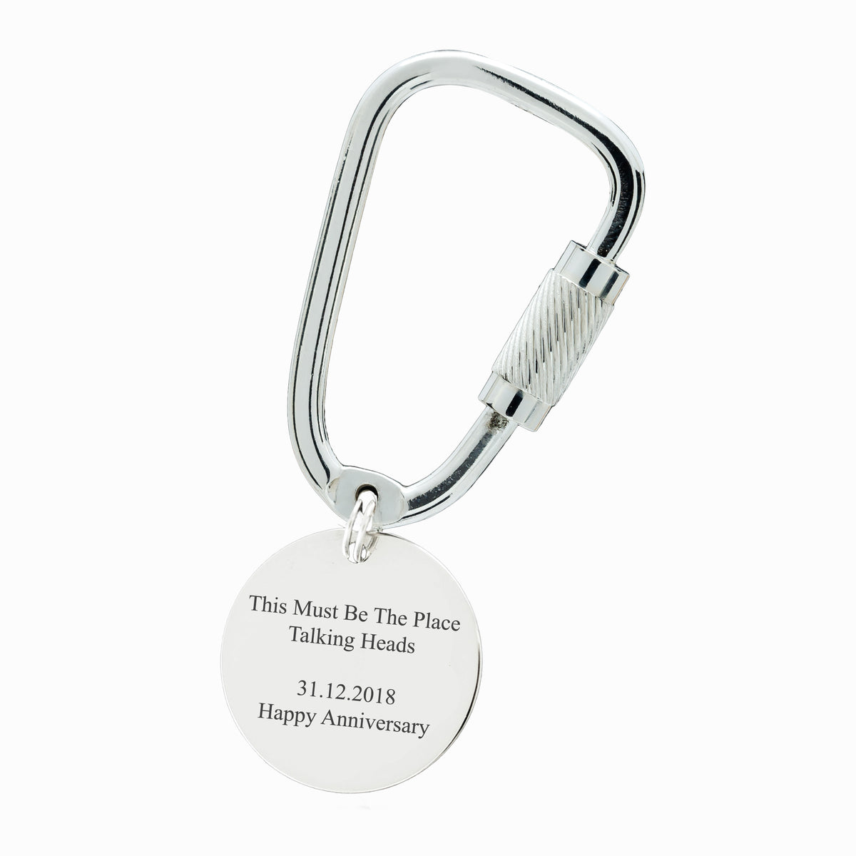 personalised our song wave silver carabiner style keyring engraved back round 20mm disc