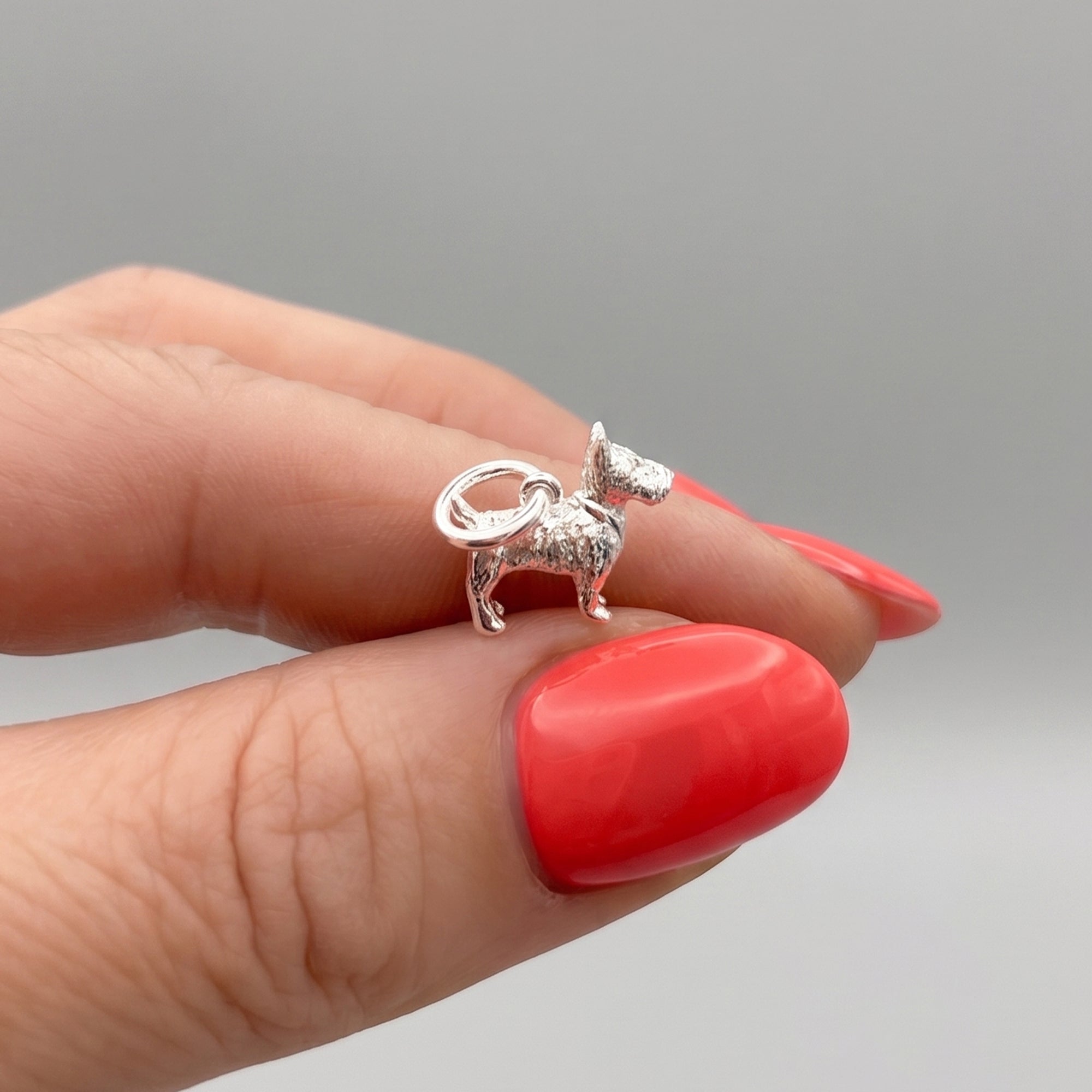 Silver dog-shaped charm on a finger with red nail polish against a gray background