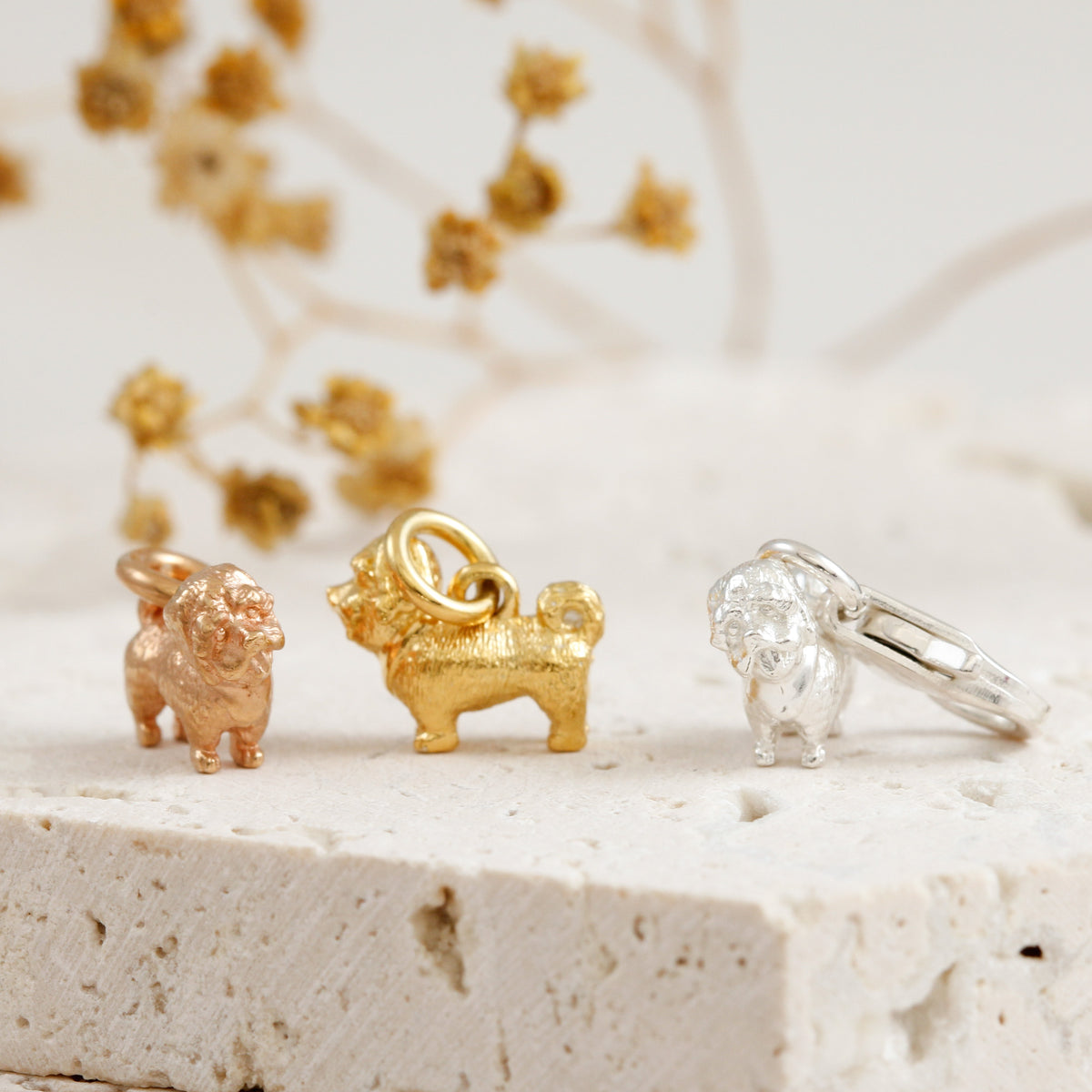 shih-tzu dog silver and rose gold charms