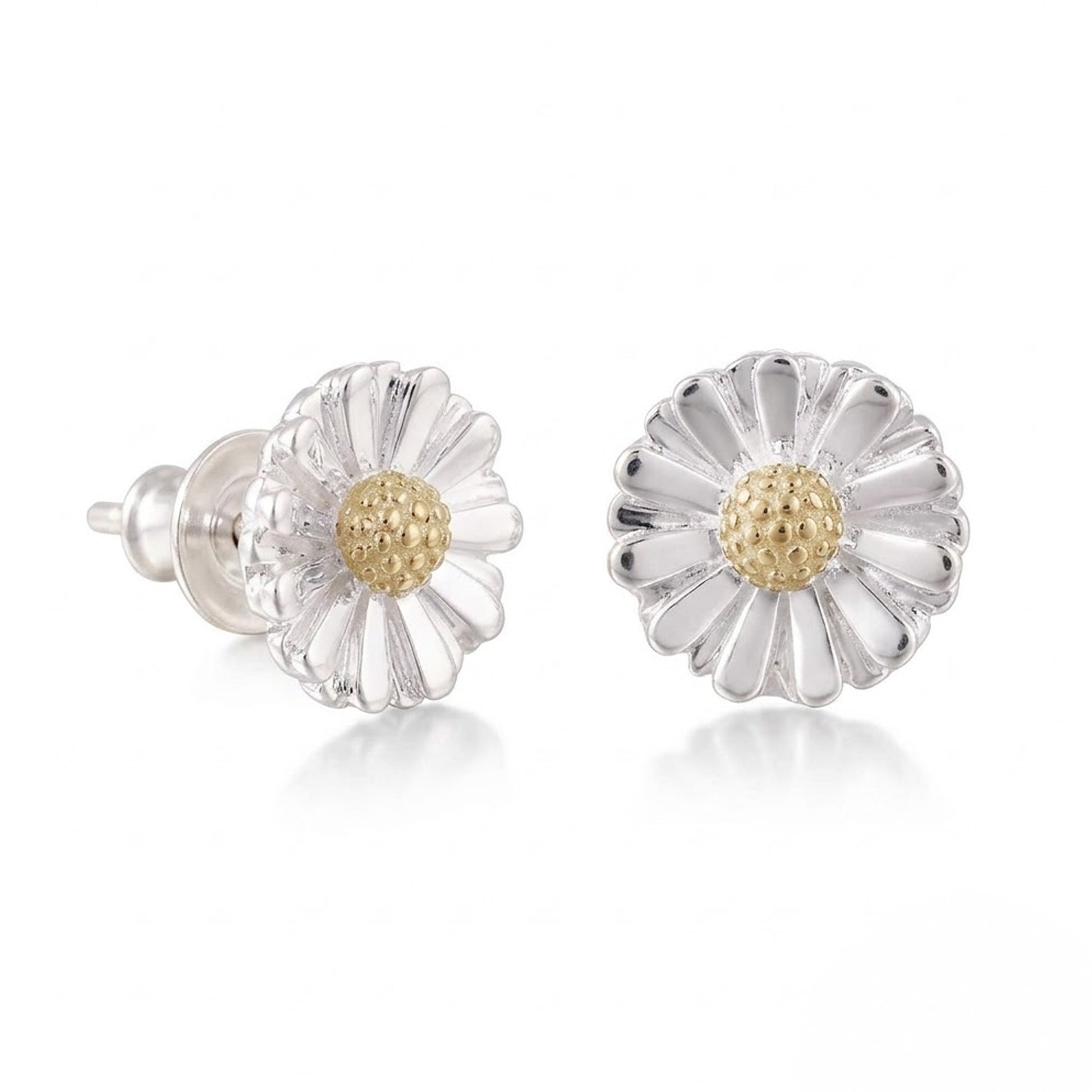 silver and gold daisy flower stud earrings on white background