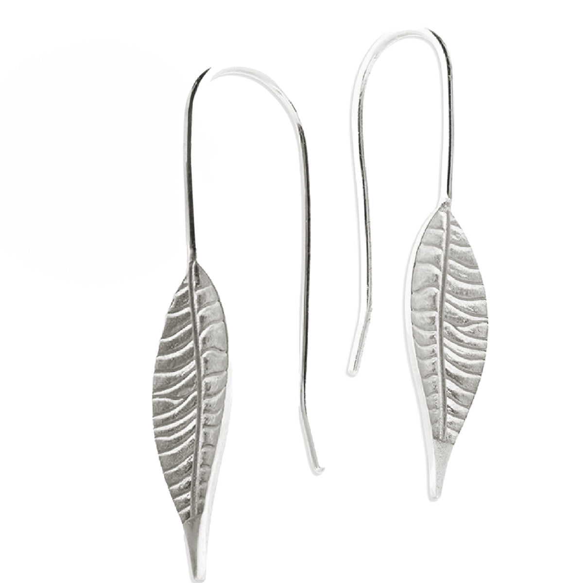 Long leaf silver drop earrings