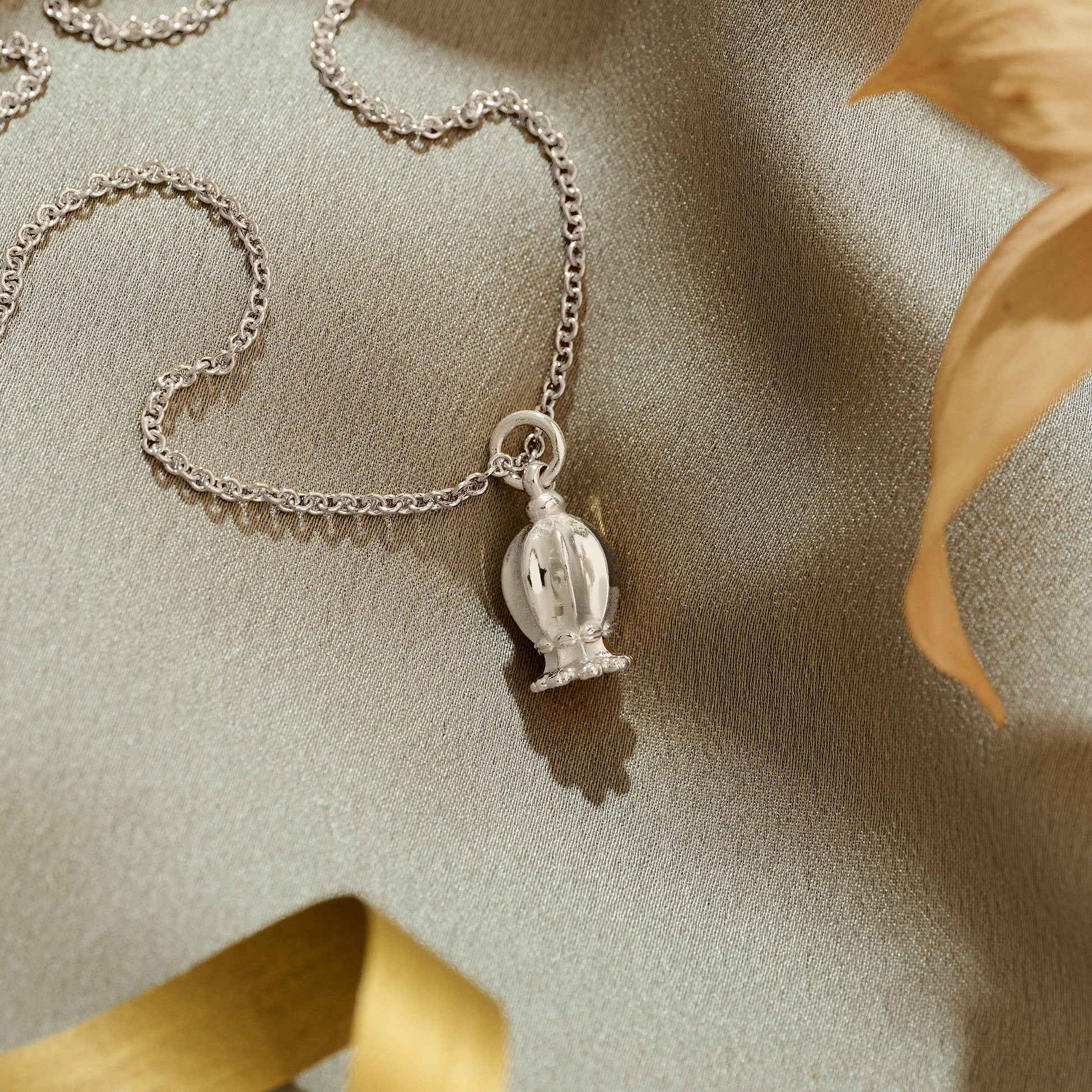 silver poppy seed pendant on silver trace chain