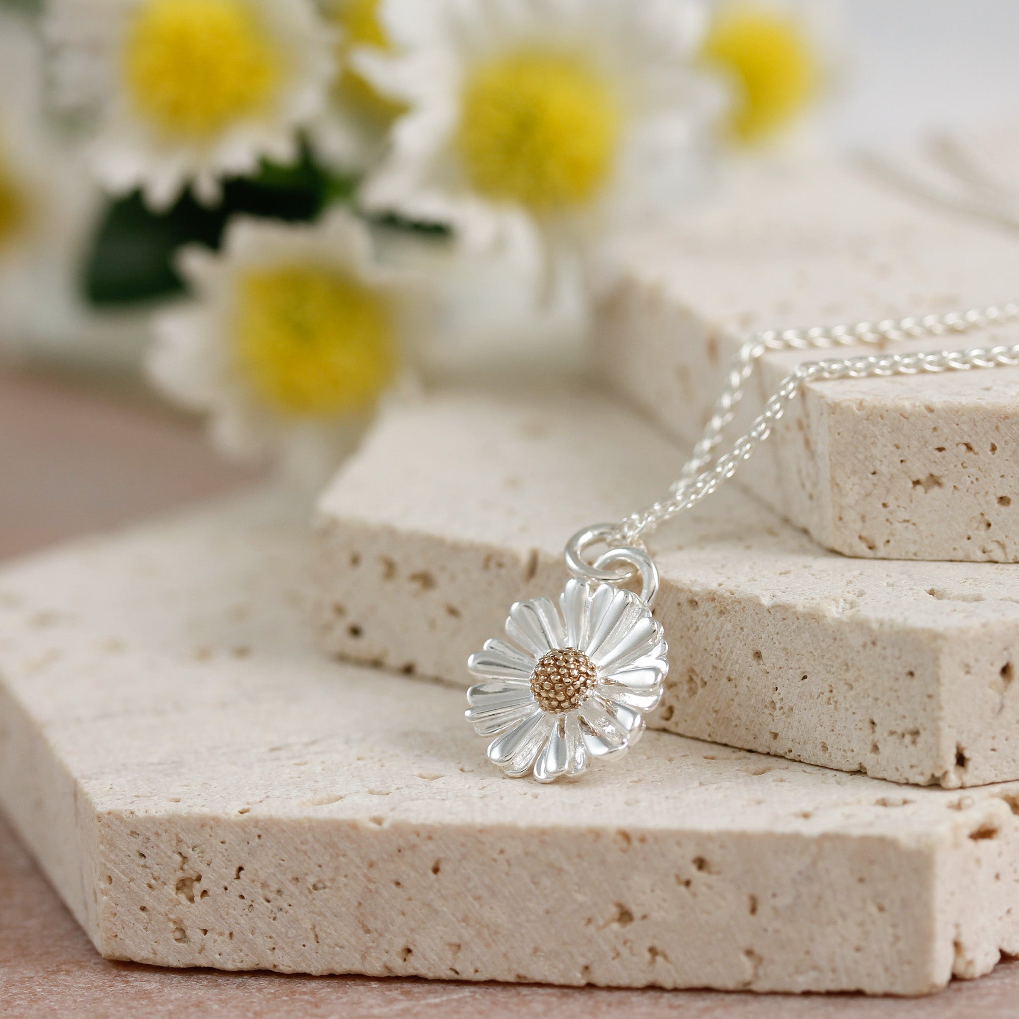 Daisy flower silver and gold necklace RHS chelsea flower show scarlett jewellery