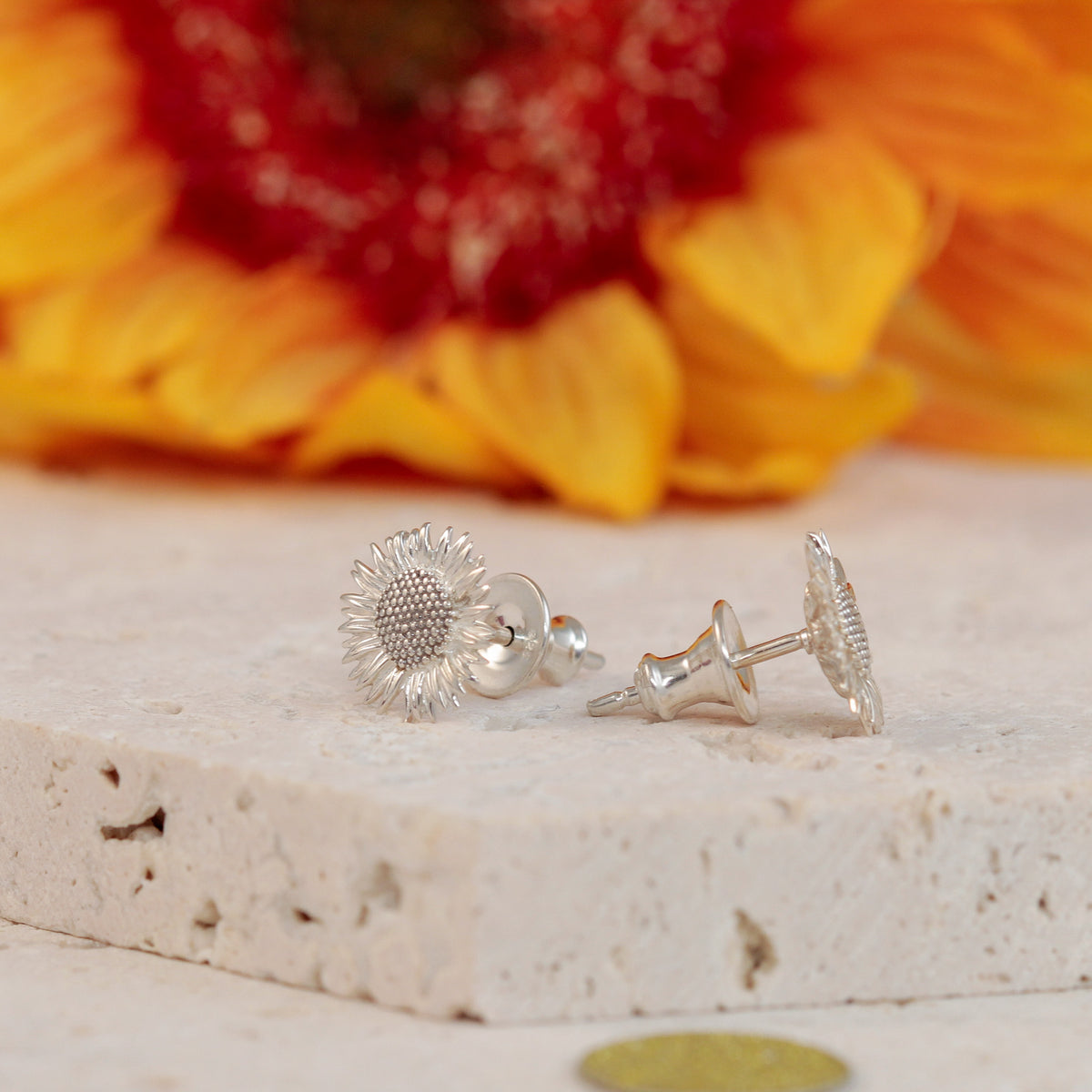 solid silver sunflower stud earrings scarlett jewellery
