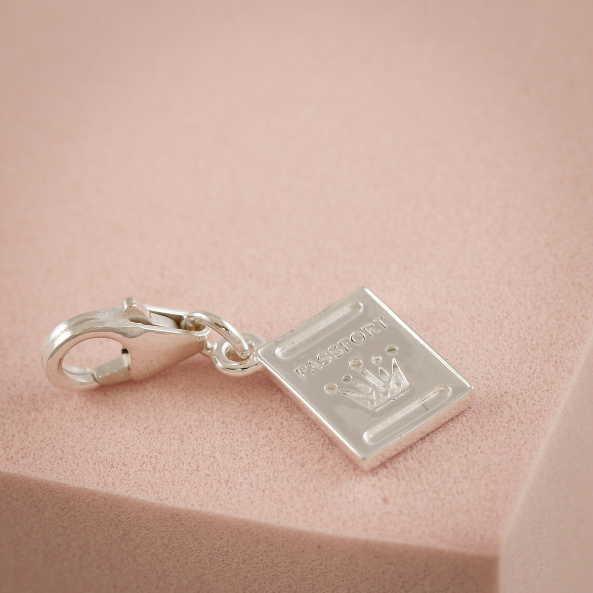 silver passport charm with clip on clasp