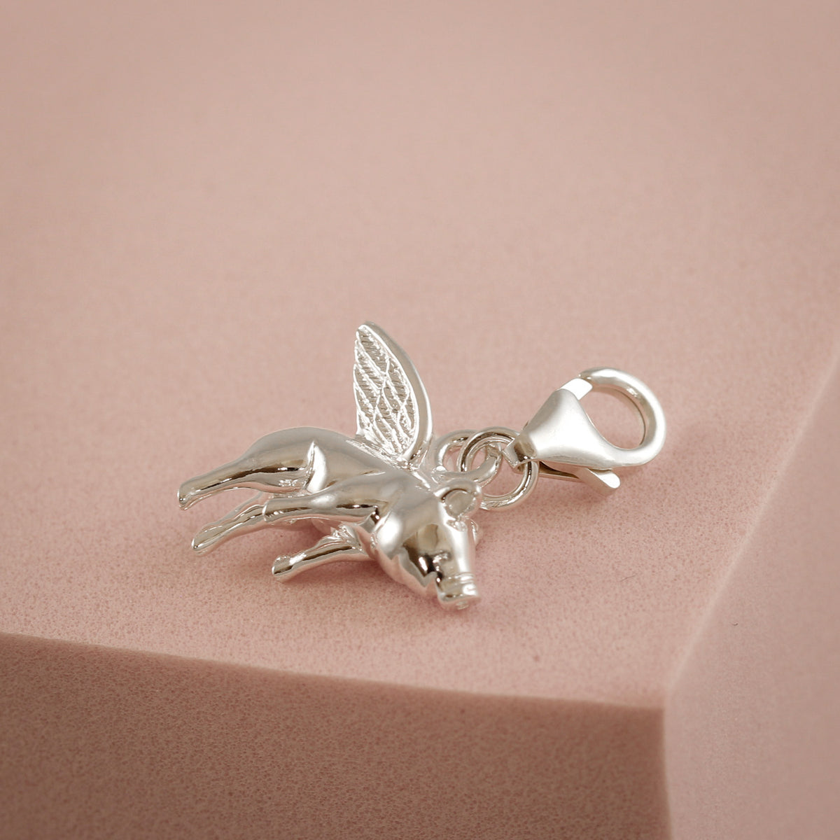 silver flying pig charm with clip on clasp