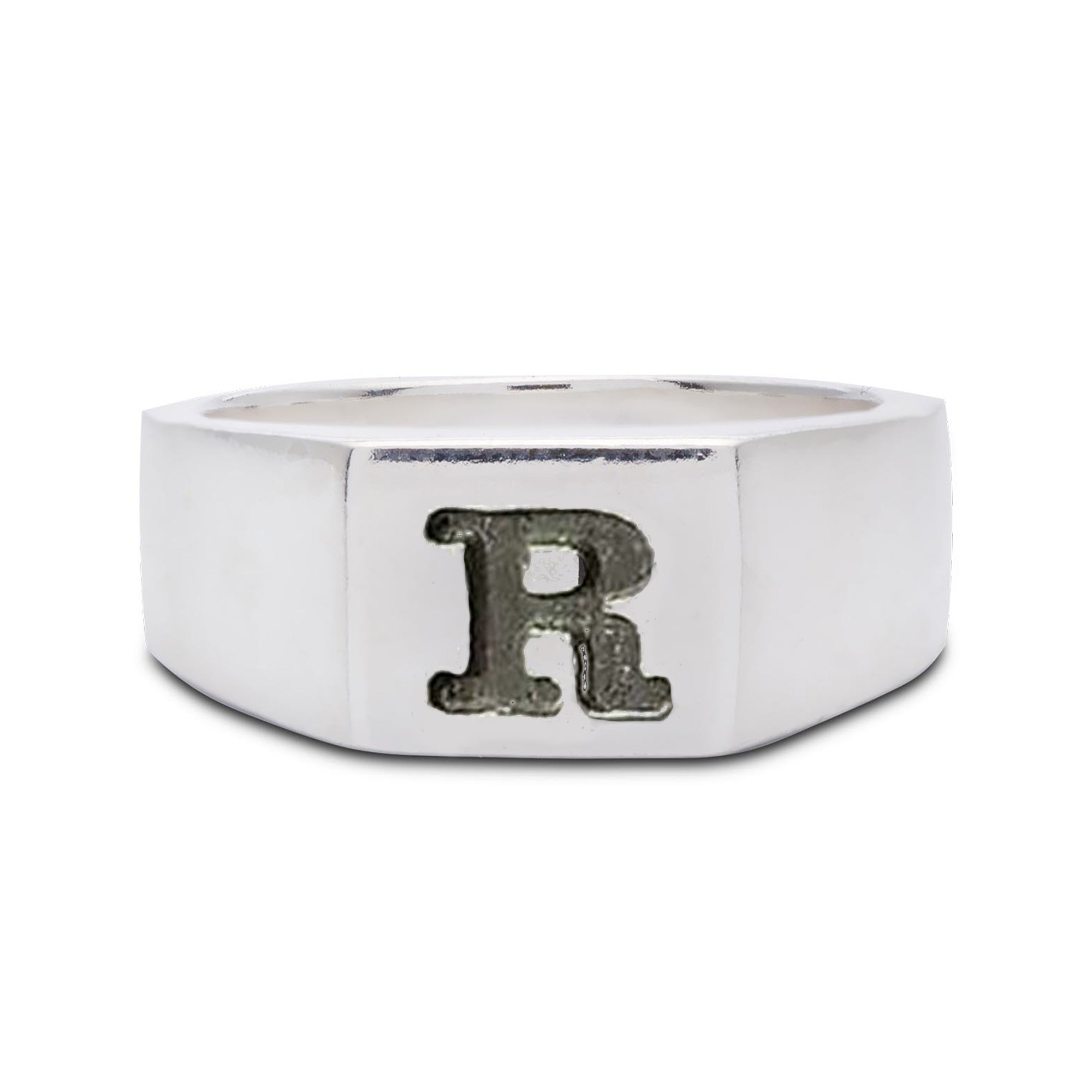 silver signet ring engraved with typewriter initial