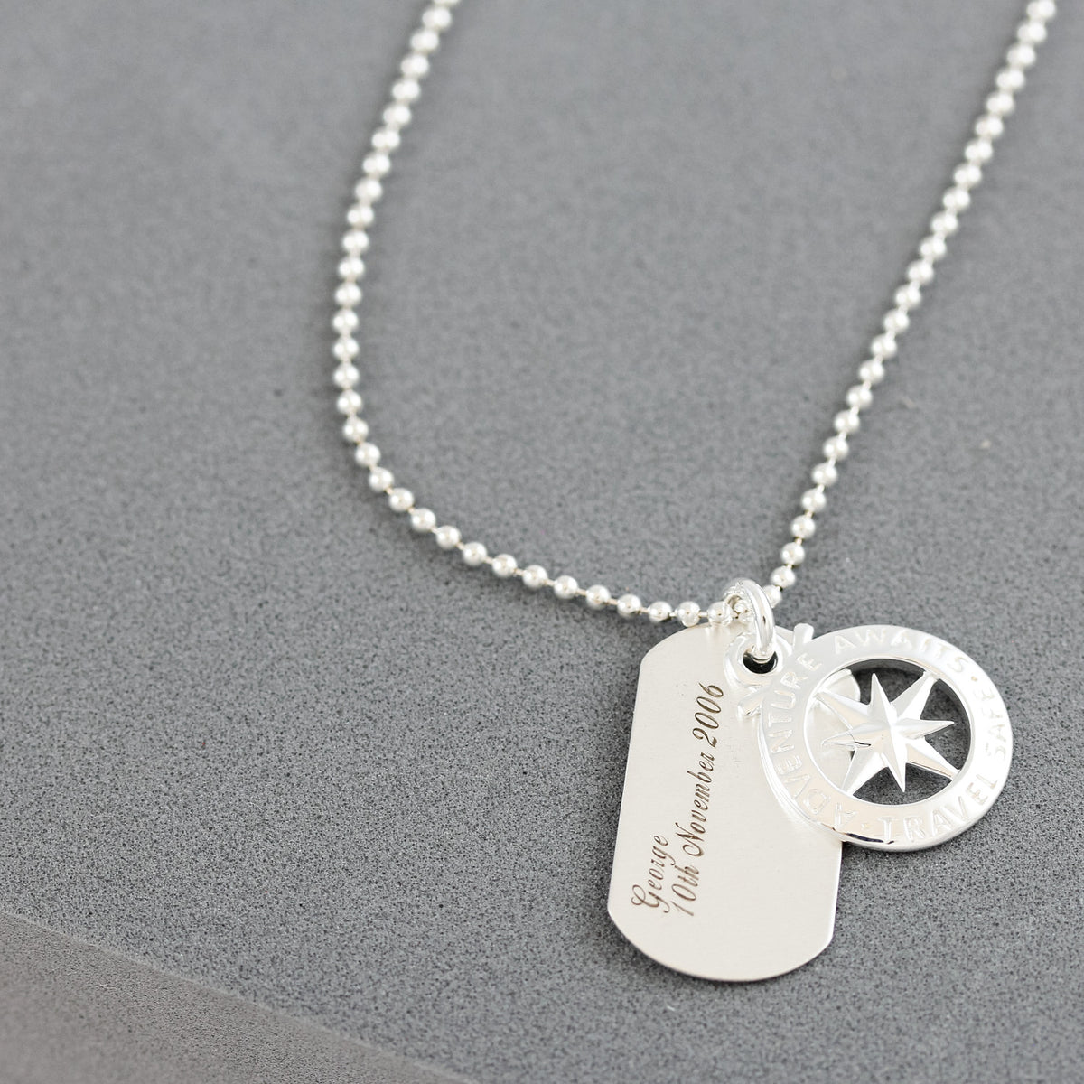 travel safe necklace with name on dog tag in silver