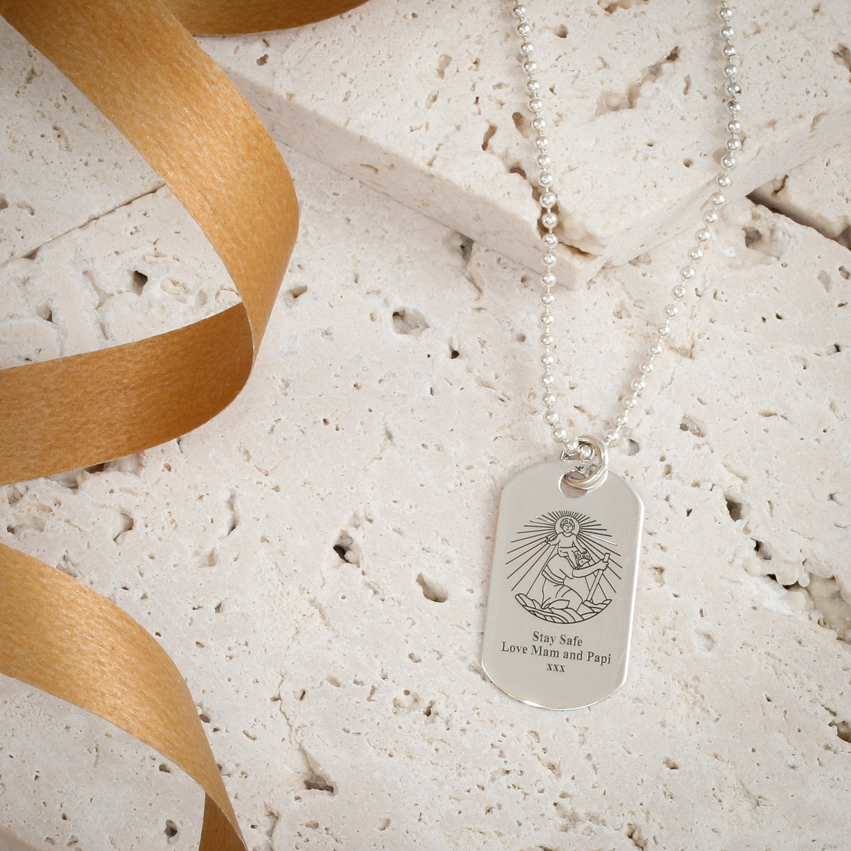 slim silver dog tag etched St Christopher necklace