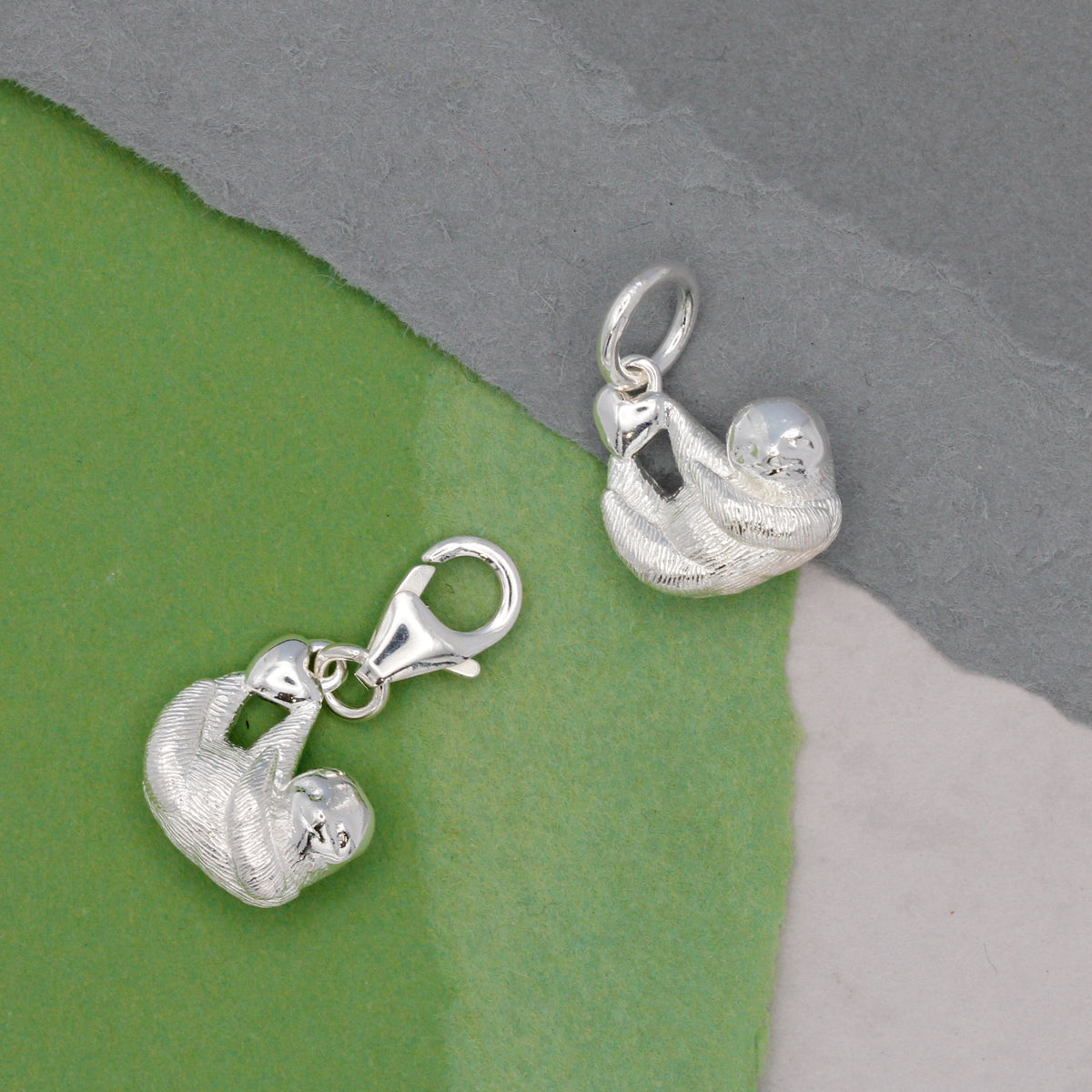 silver sloth animal charms on jump ring and clip clasp