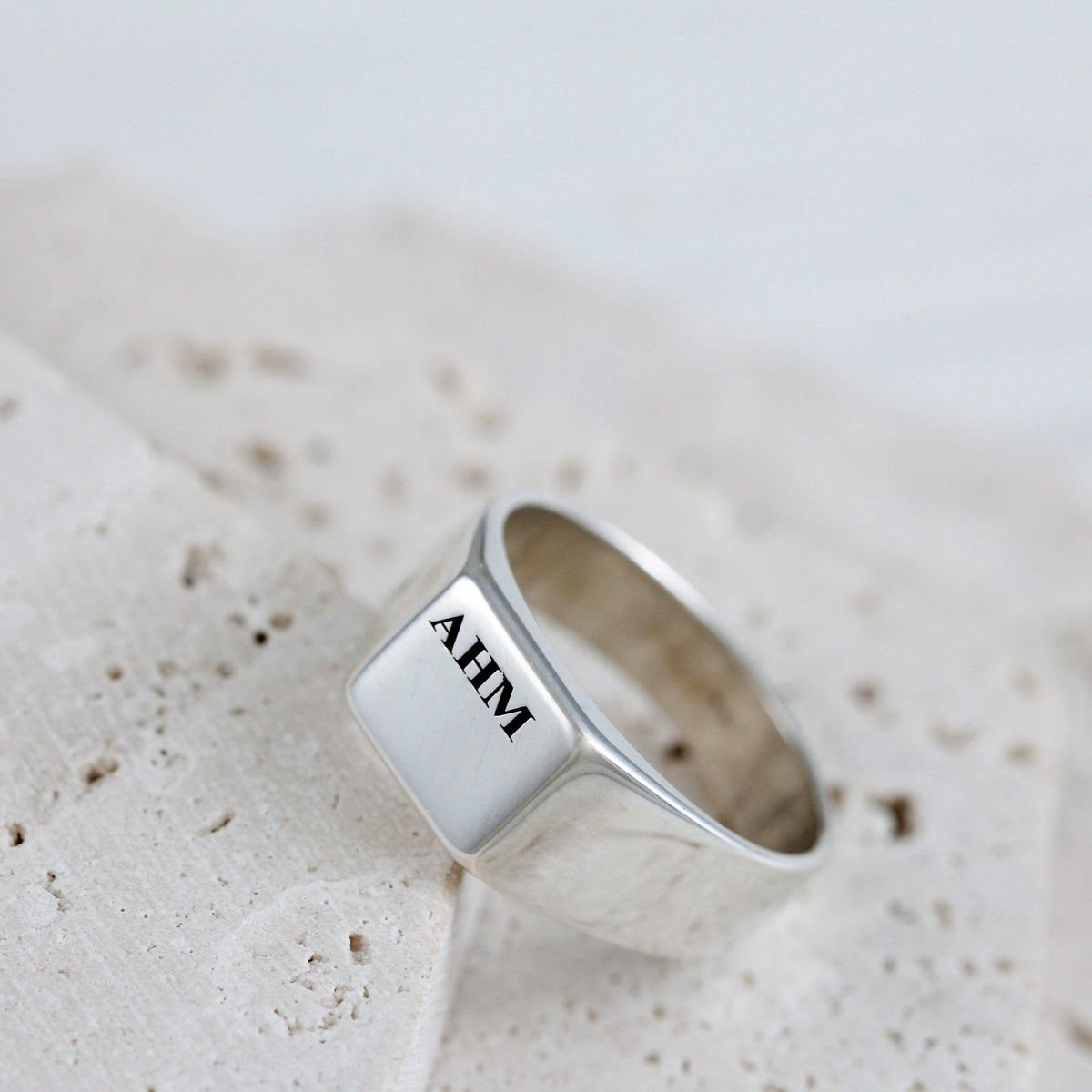 polished finish silver engraved signet ring