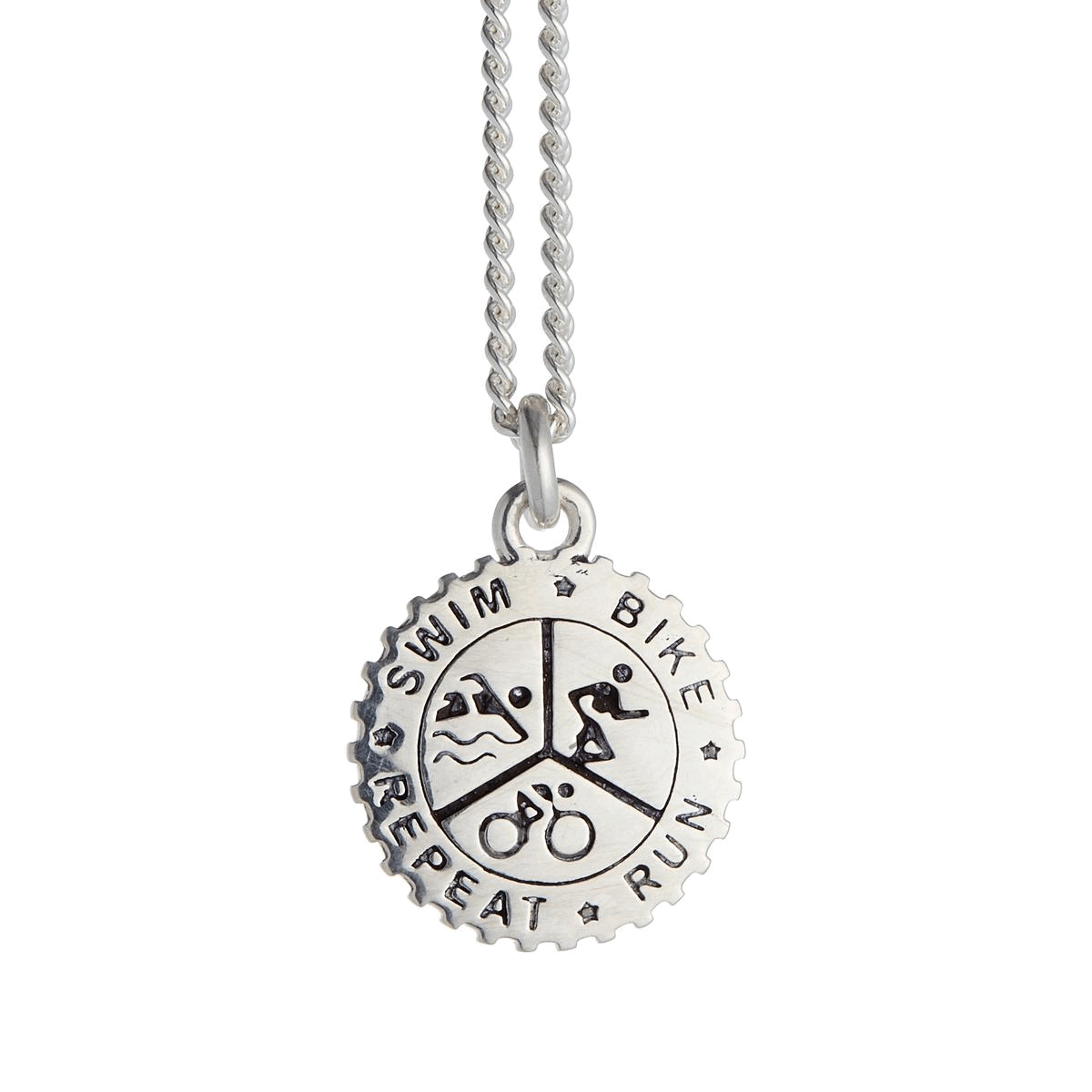 silver triathlon necklace 15mm cog shaped engraved swim bike run repeat