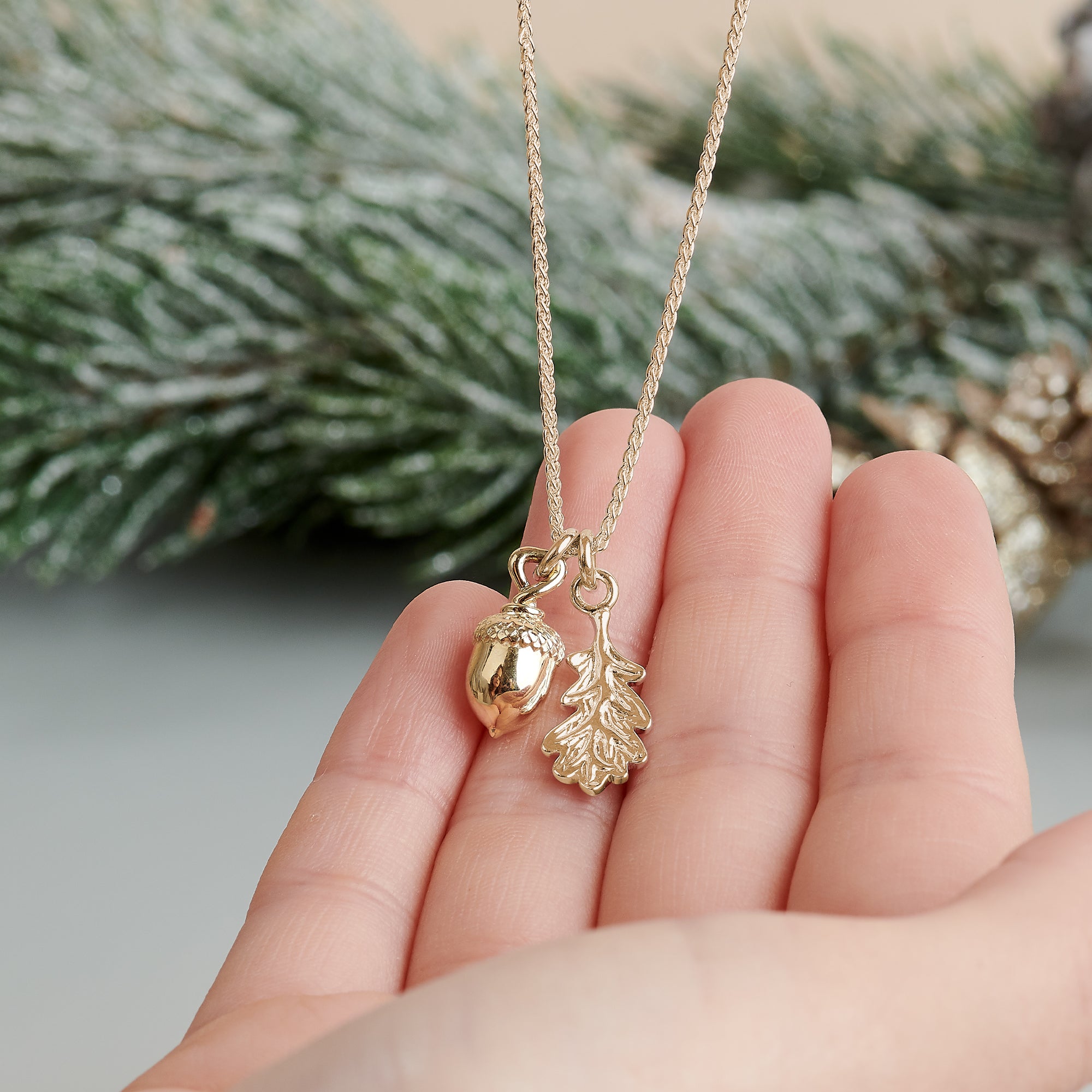 Solid Gold Oak Leaf Pendant with Acorn by Scarlett Jewellery