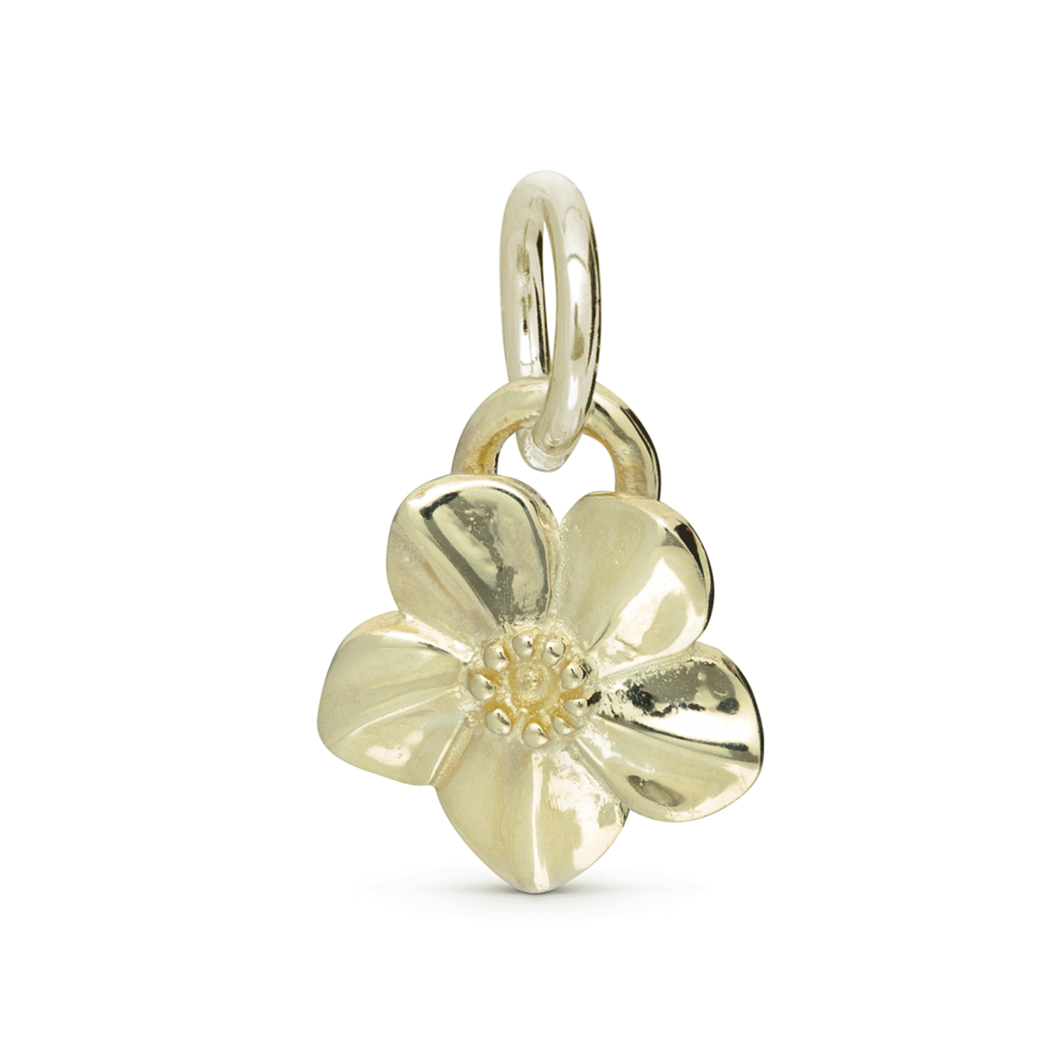 Gold forget me not flower-shaped pendant on a white background