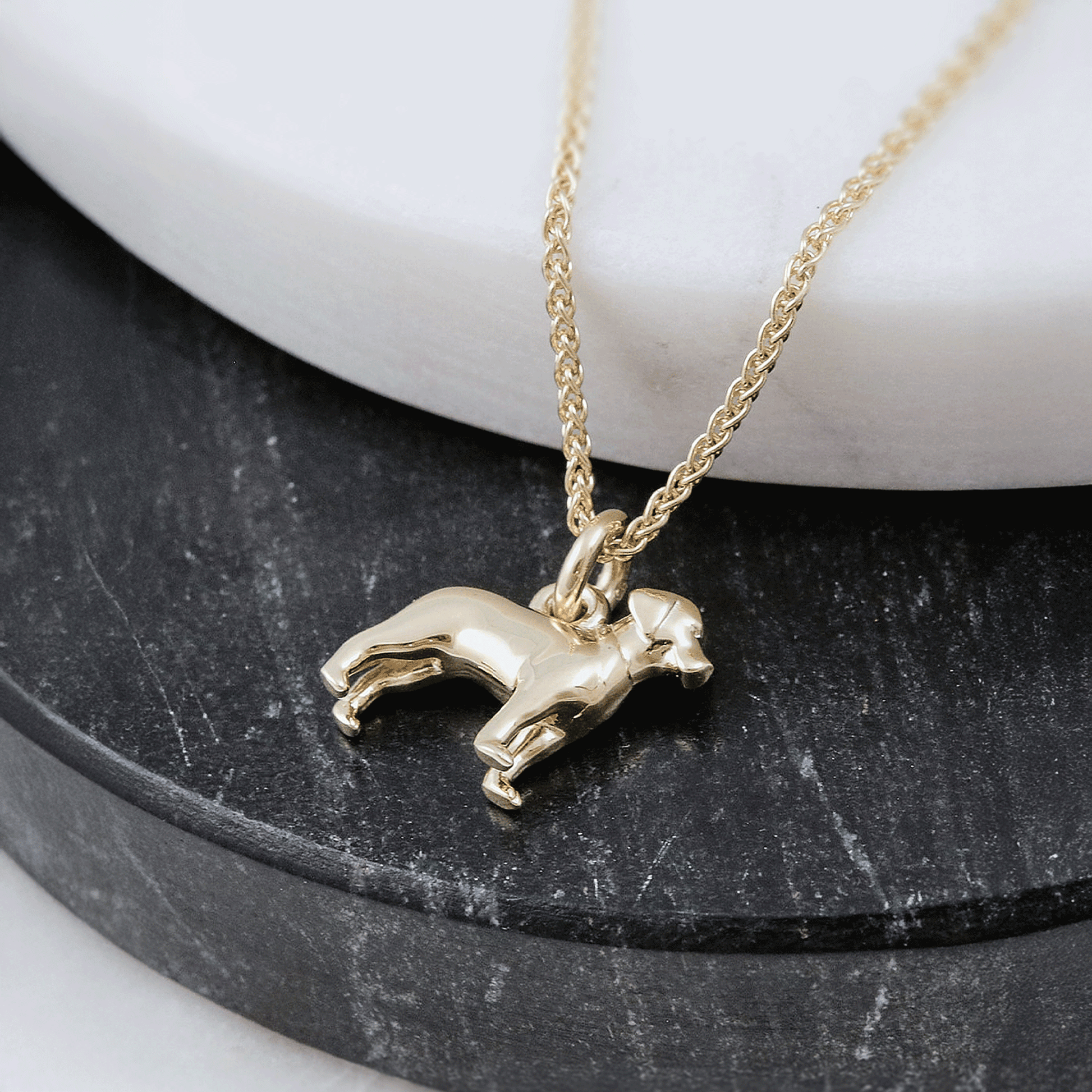 Gold labrador necklace with a dog pendant on a dark surface