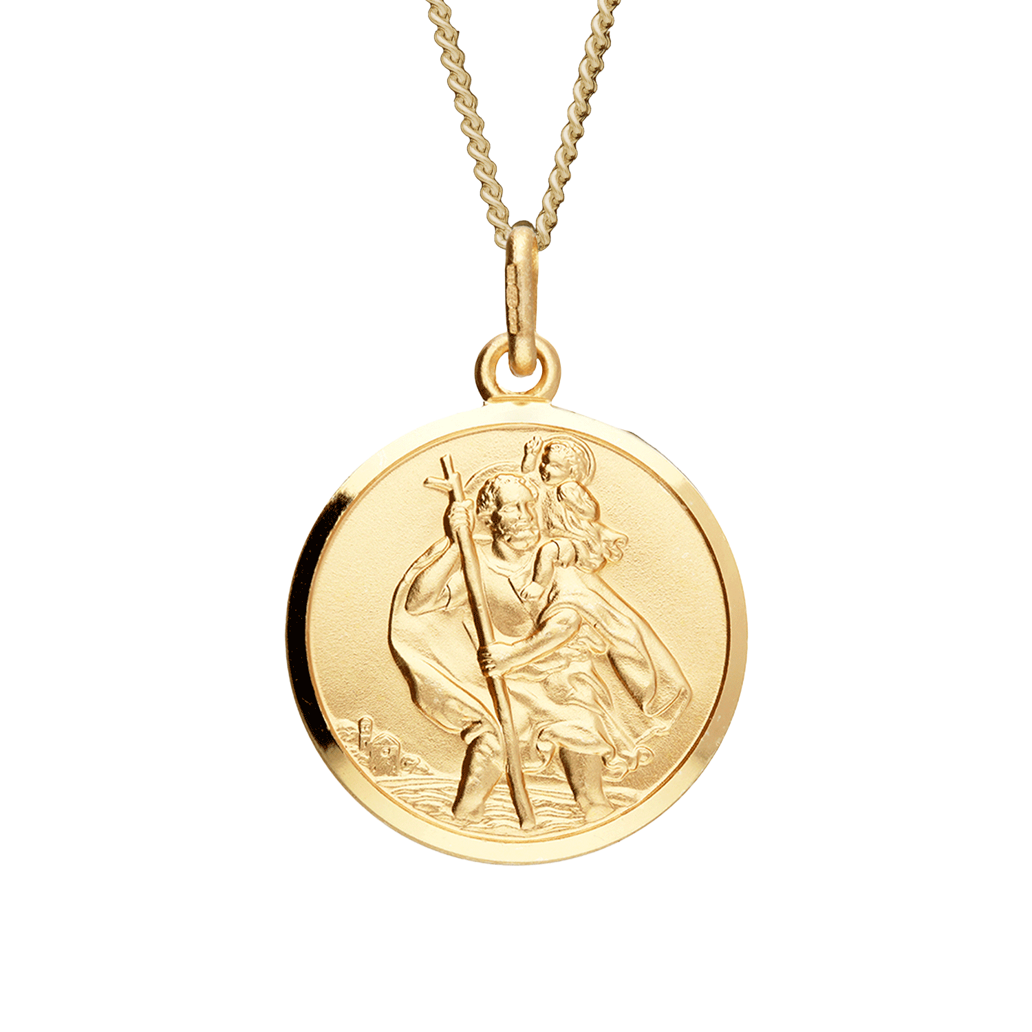 Gold pendant necklace with a saint christopher on light curb chain