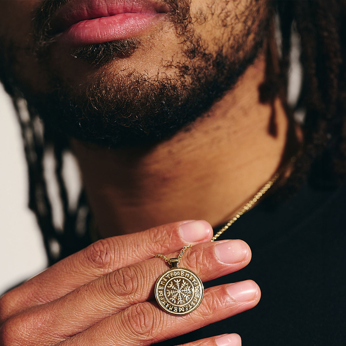 solid 9k gold mans rune necklace on 2mm open trace chain