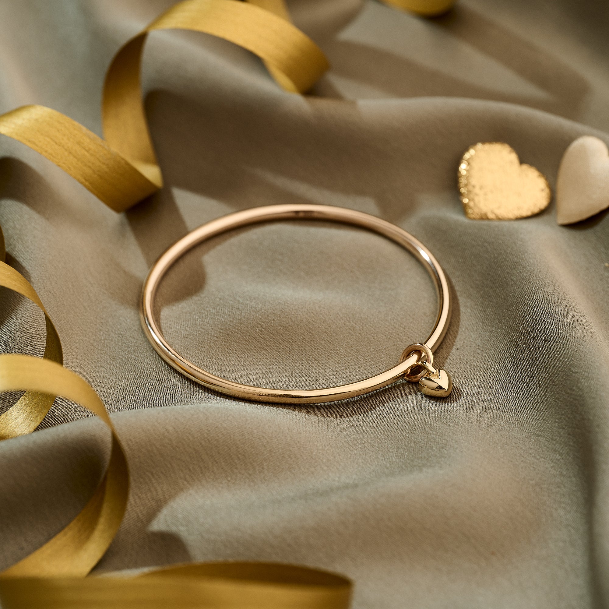 solid 9k recycled gold heart charm bangle bracelet