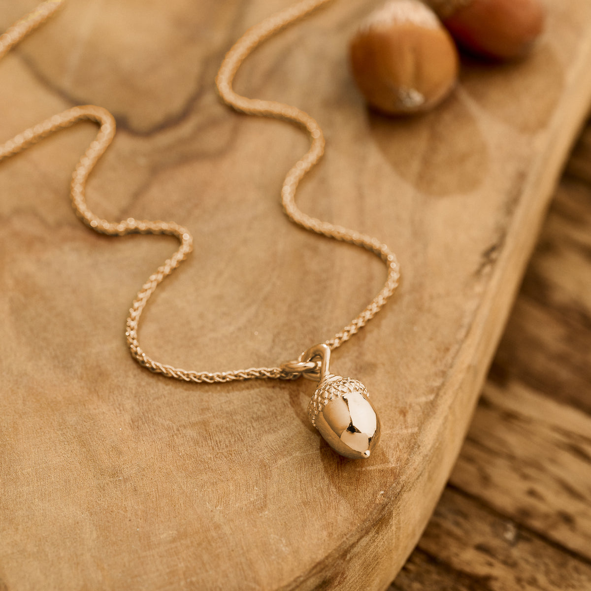 Solid rose gold acorn necklace designer Scarlett Jewellery Brighton