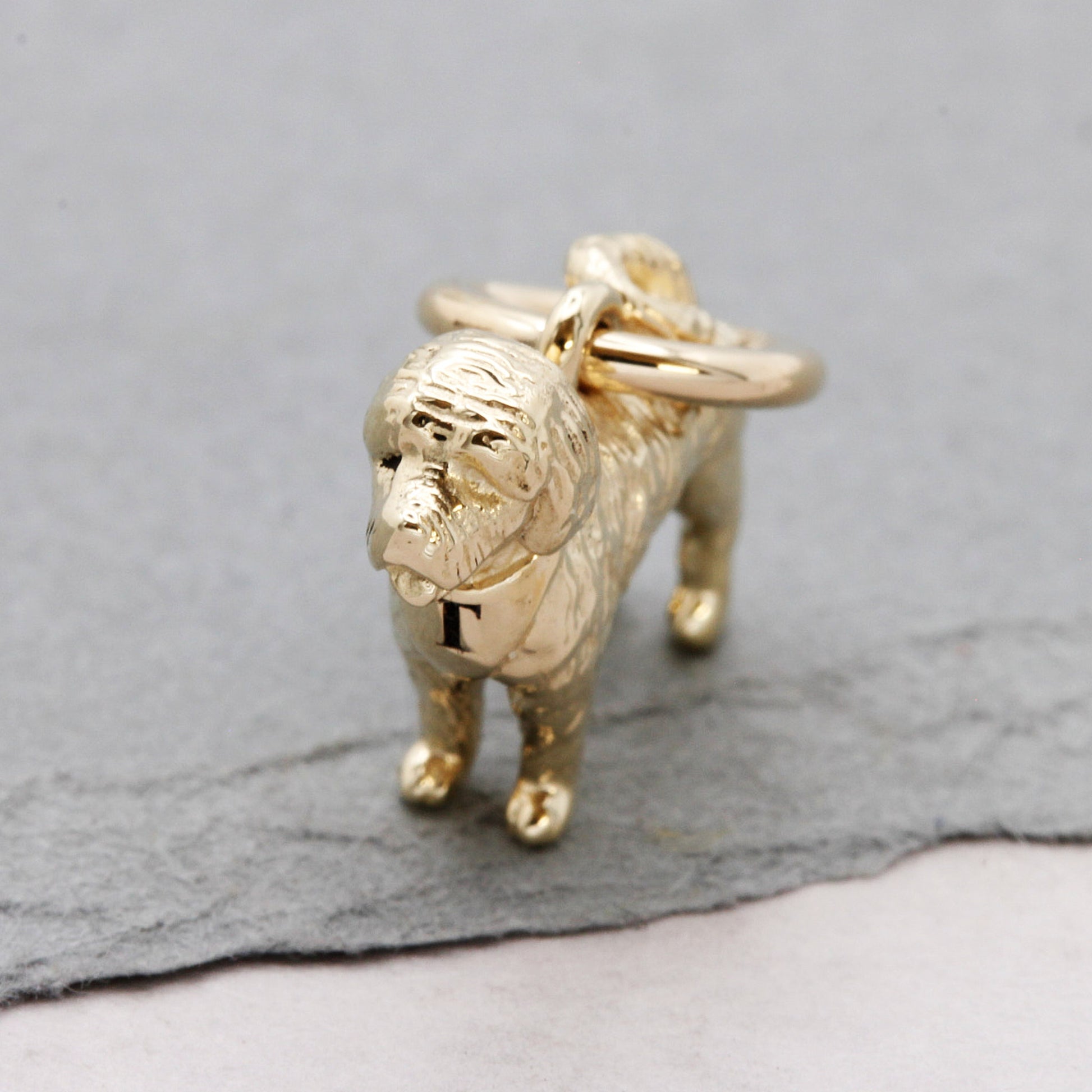 solid gold 9 carat cockerpoo charm with engraved initial for bracelet or necklace