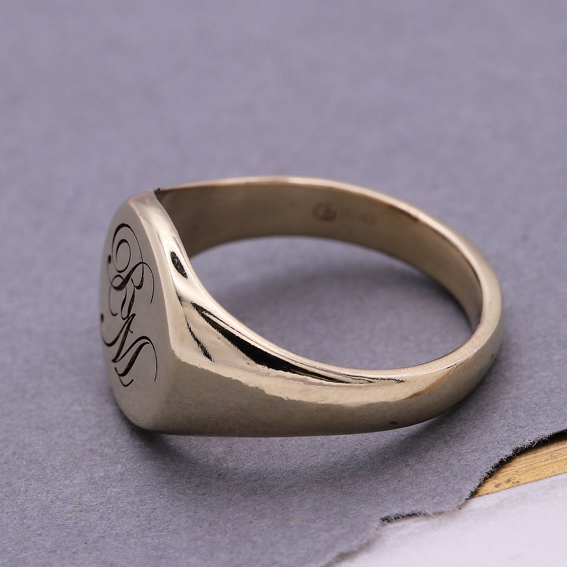 solid gold script monogram initials engraved pinky signet ring