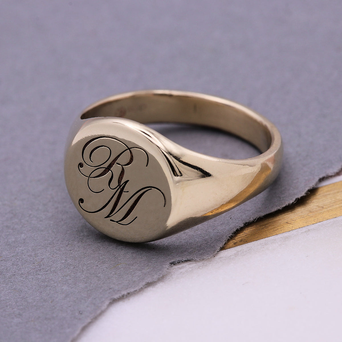 solid gold script monogram initials engraved pinky ring