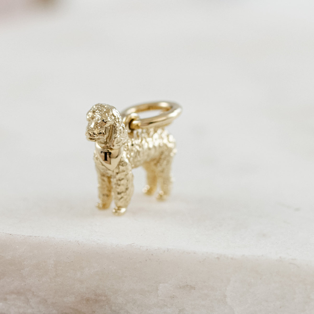 solid gold poodle dog charm engraved with letter T