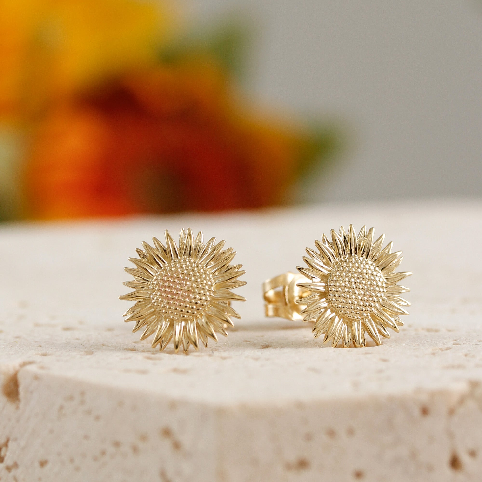 solid gold sunflower stud earrings