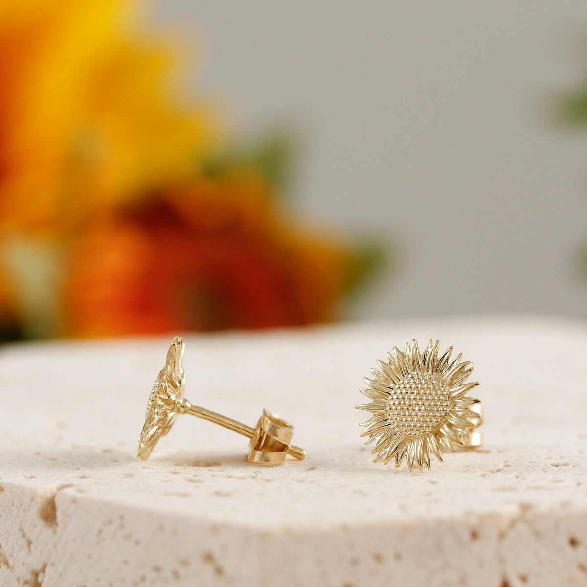 solid gold sunflower stud earrings