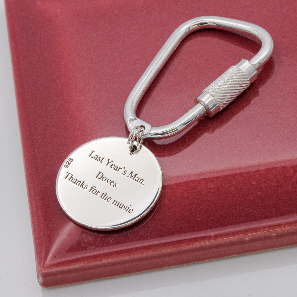 personalised our song wave silver carabiner style keyring engraved back