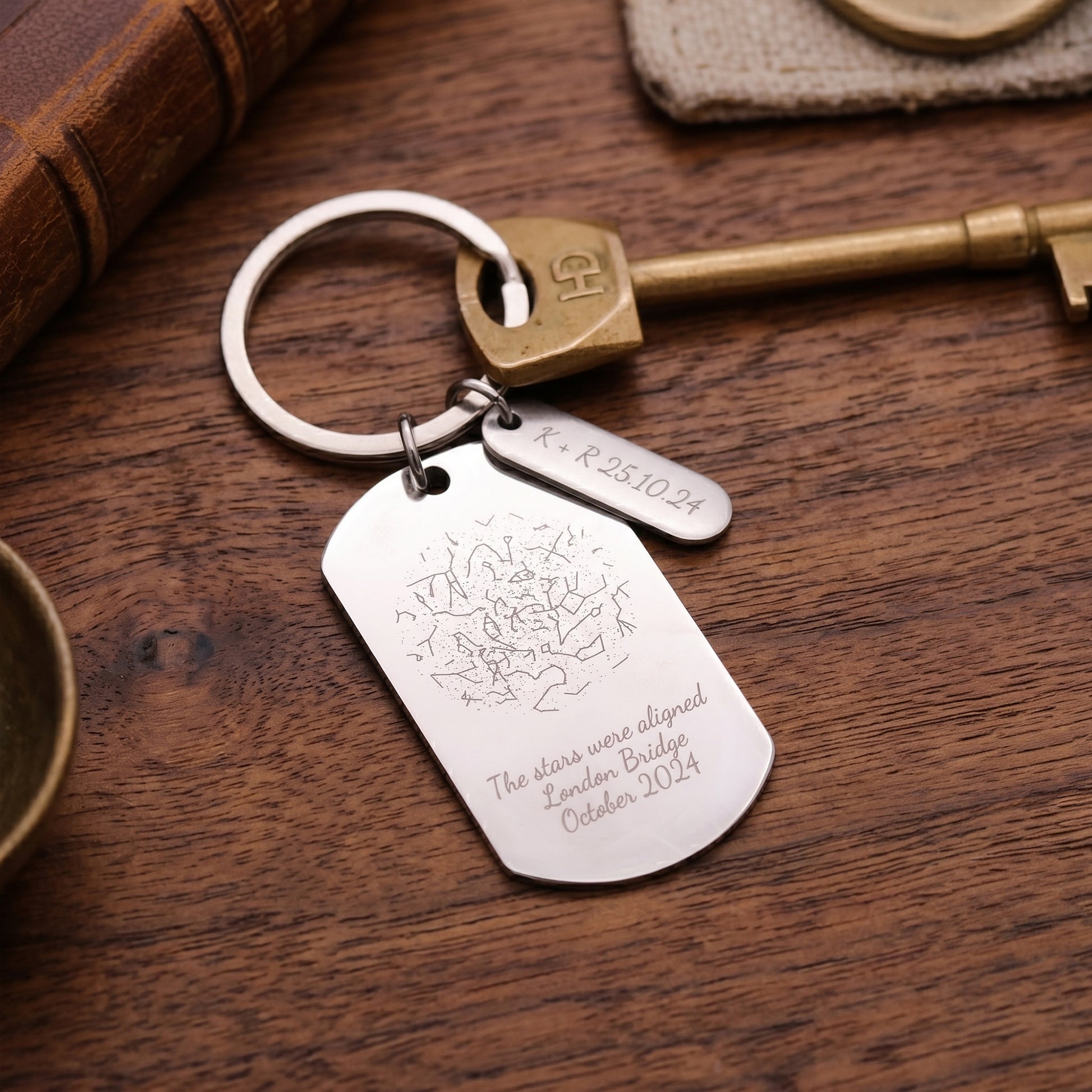 silver coloured star map keyring on wooden background