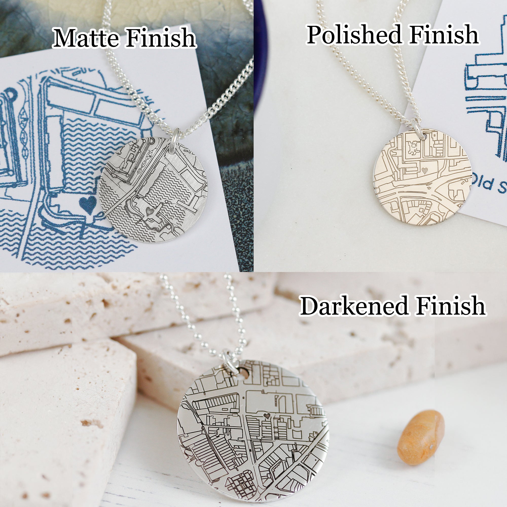 three finishes of street map necklace