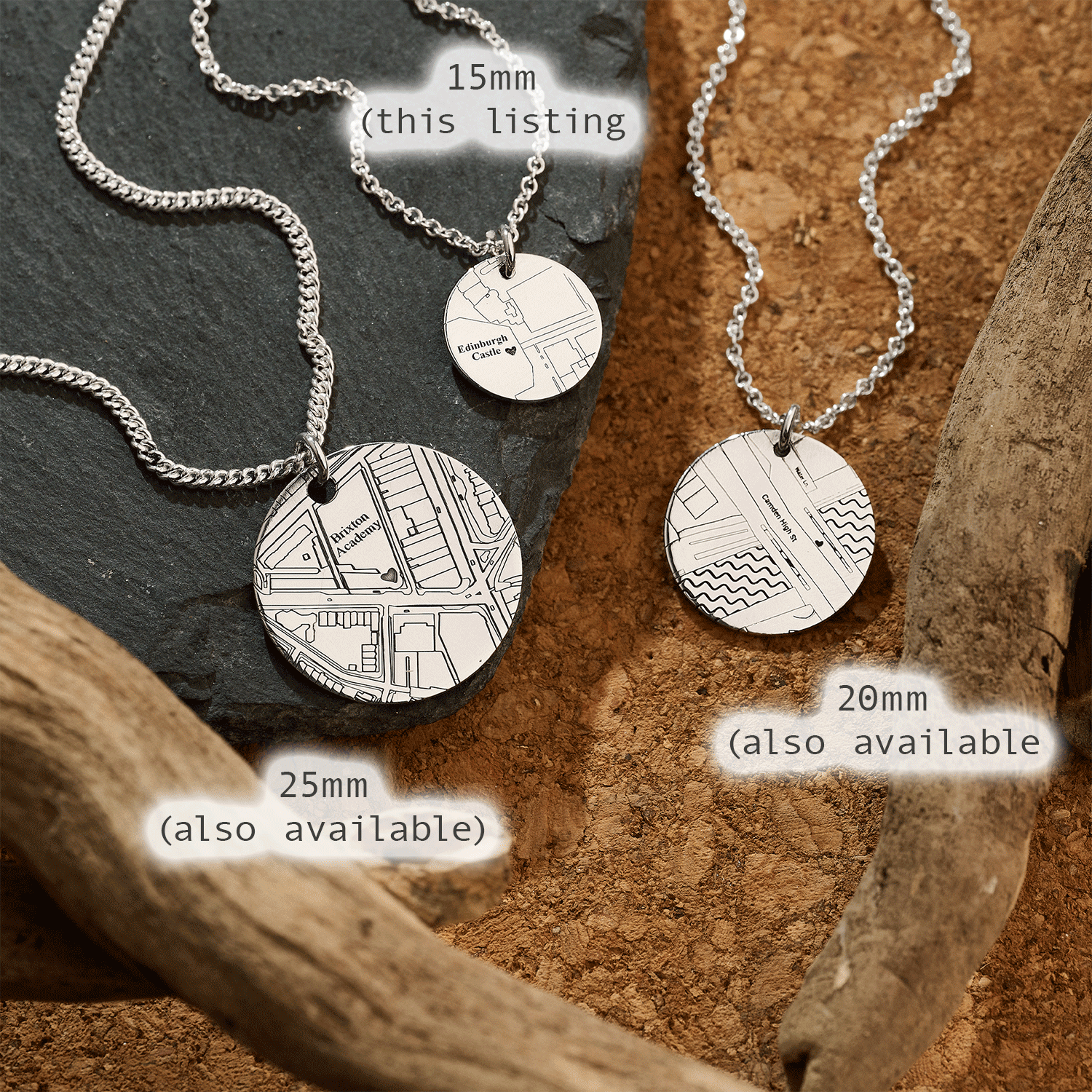 three sizes of silver street map necklace