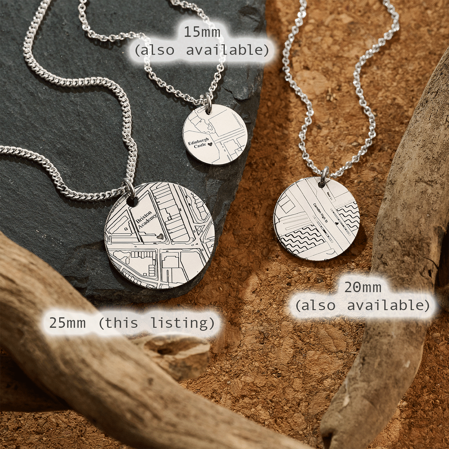 25mm large size street map necklace sizes