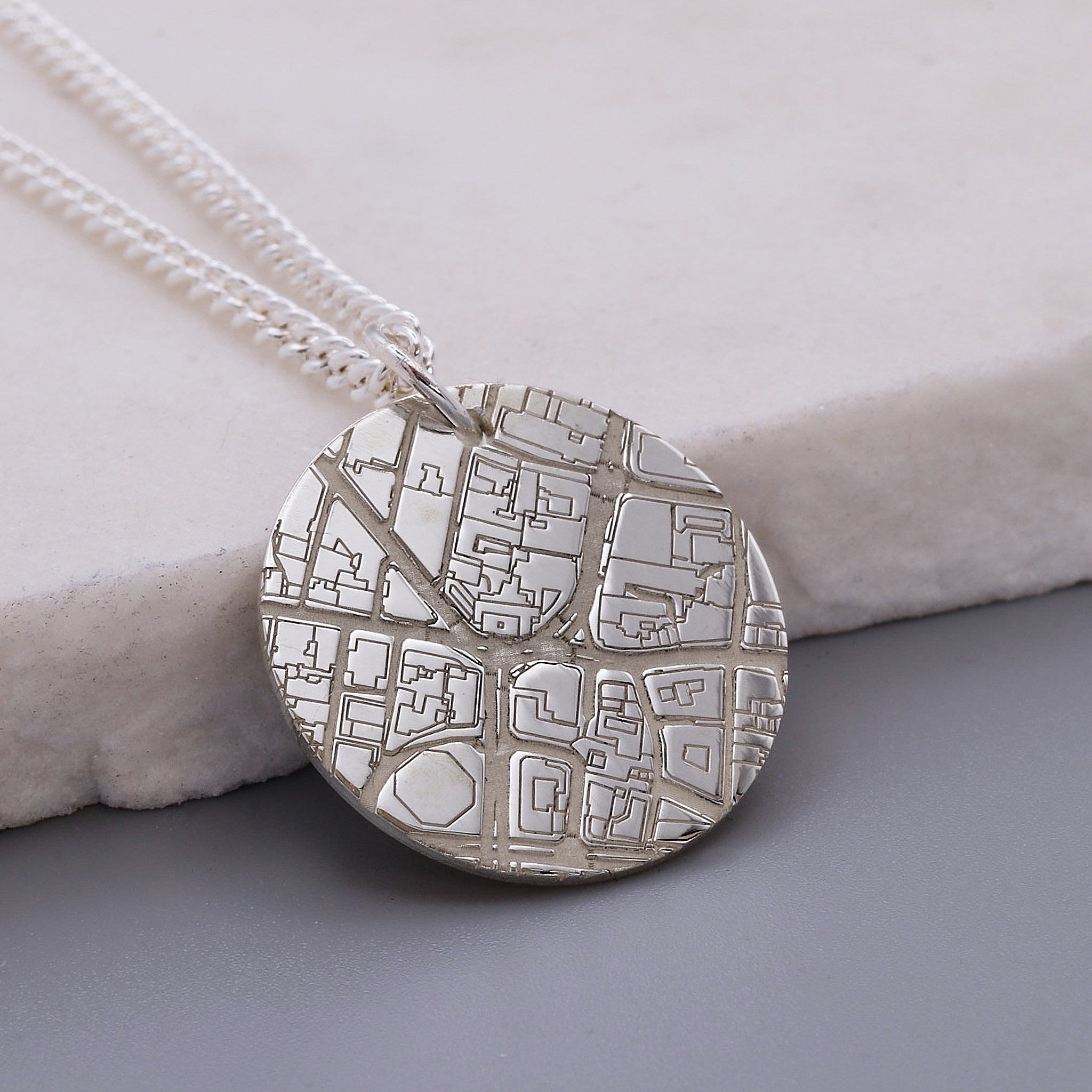 large 1.5mm thick silver street map necklace on heavier curb chain