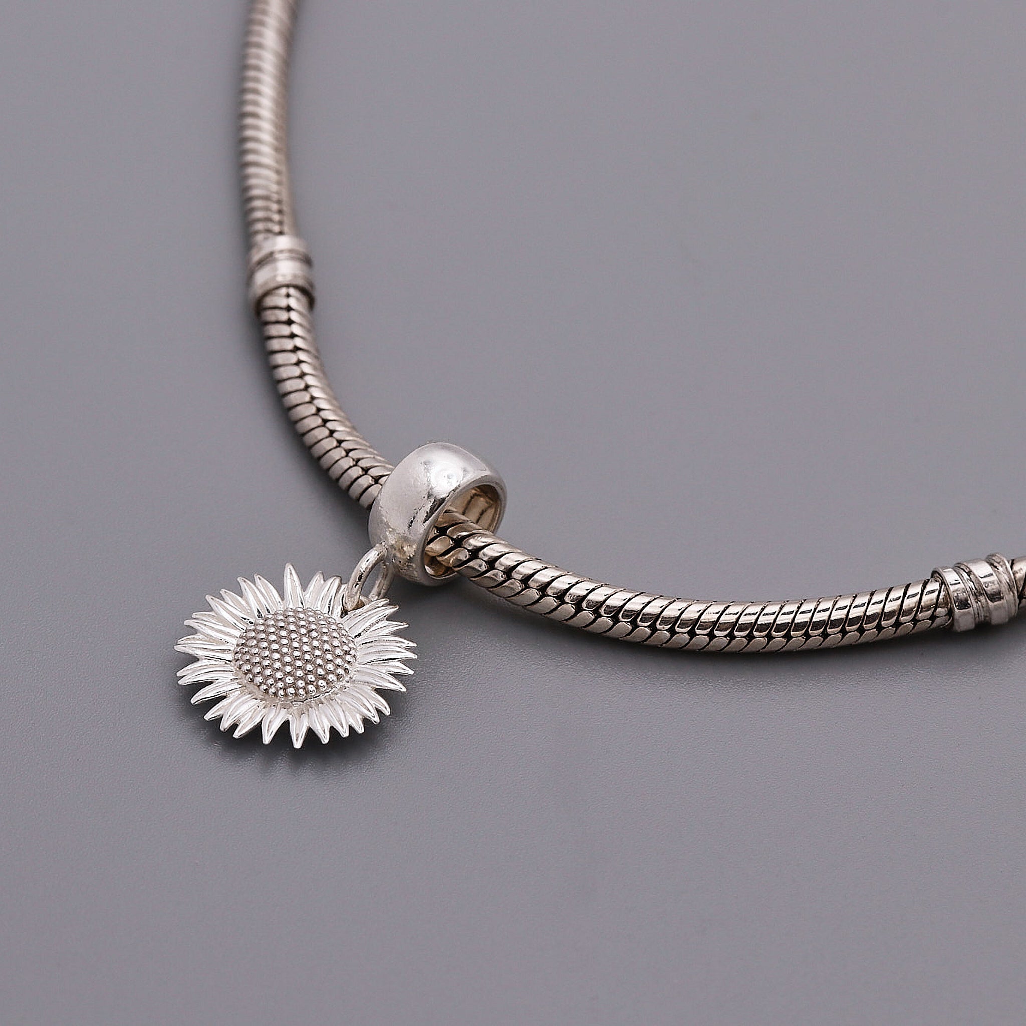 silver sunflower charm fits pandora bracelets