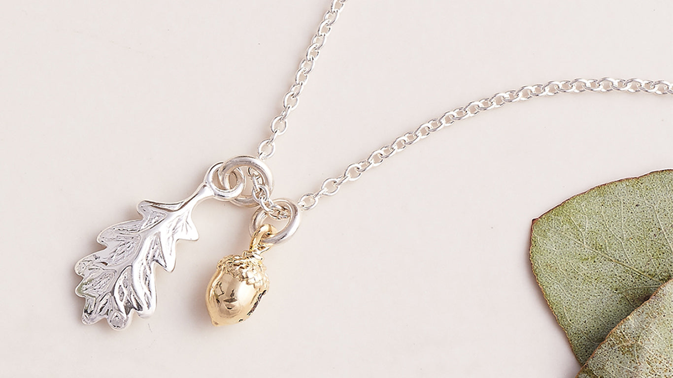 Gold and silver acorn and oak leaf necklace