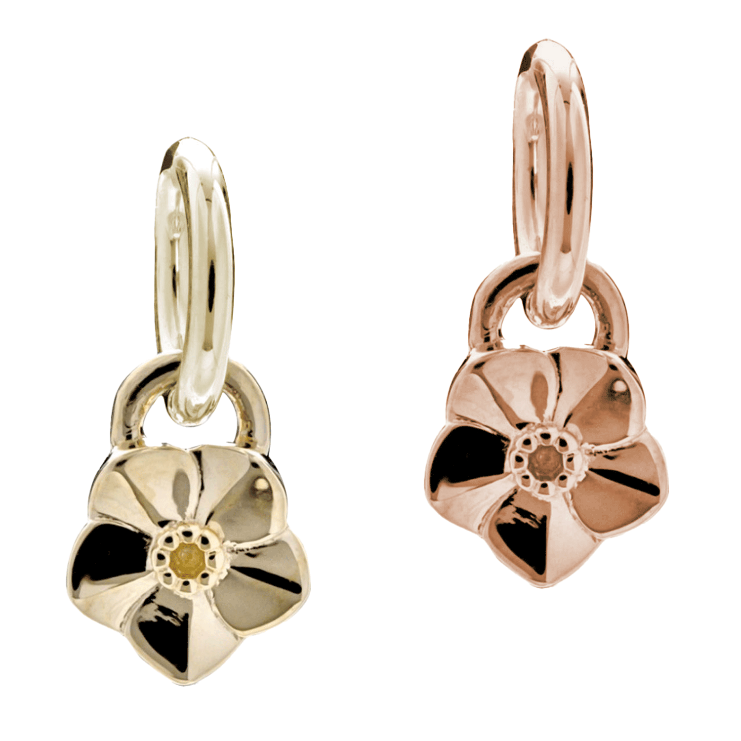 Pair of gold and rose gold flower-shaped charms on a white background