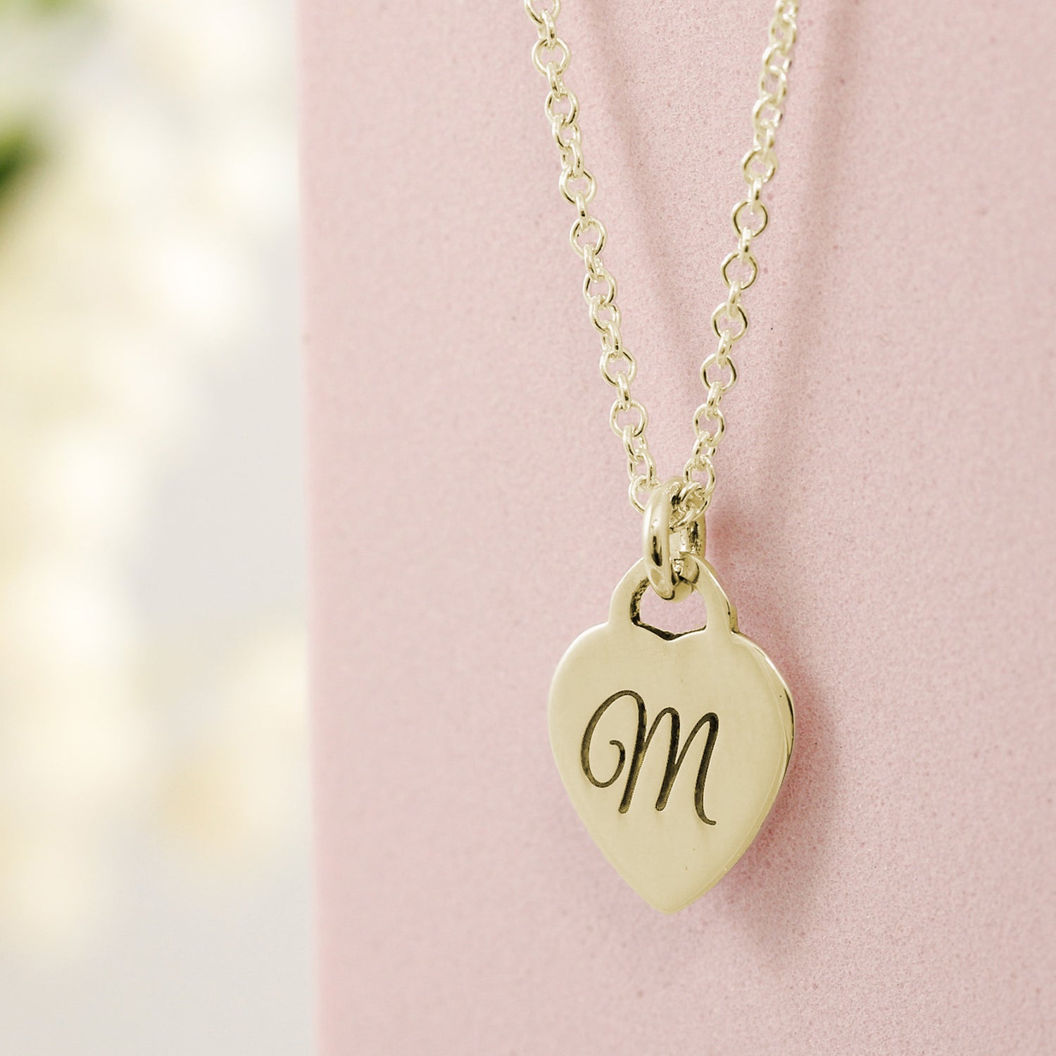 gold plated sterling silver tiny heart tag personalised necklace with initial and message