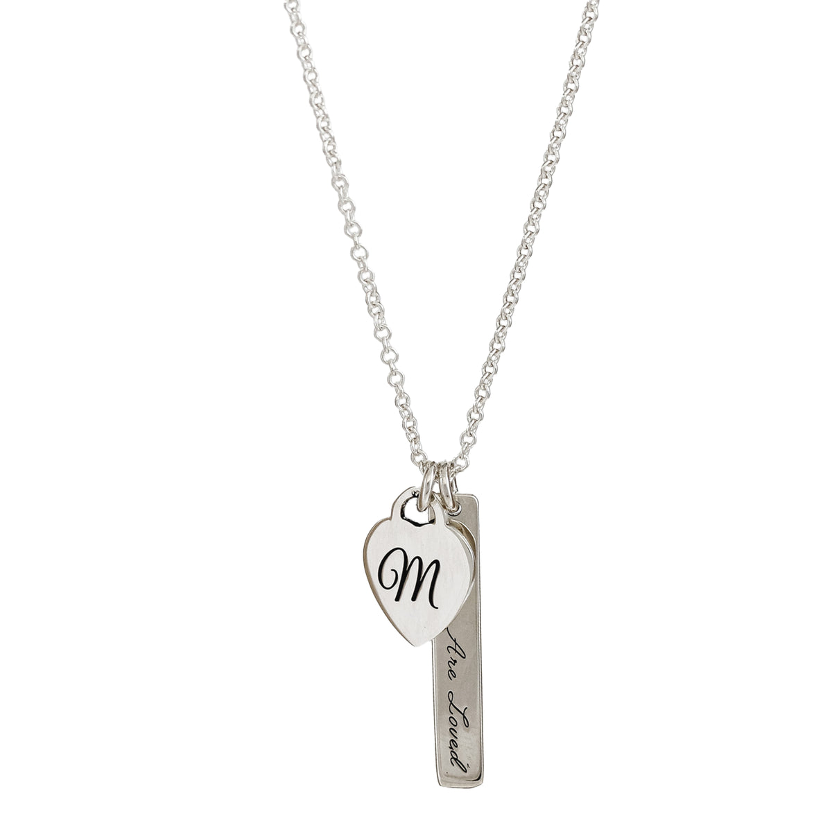 heart tag &amp; message tag personalised silver necklace