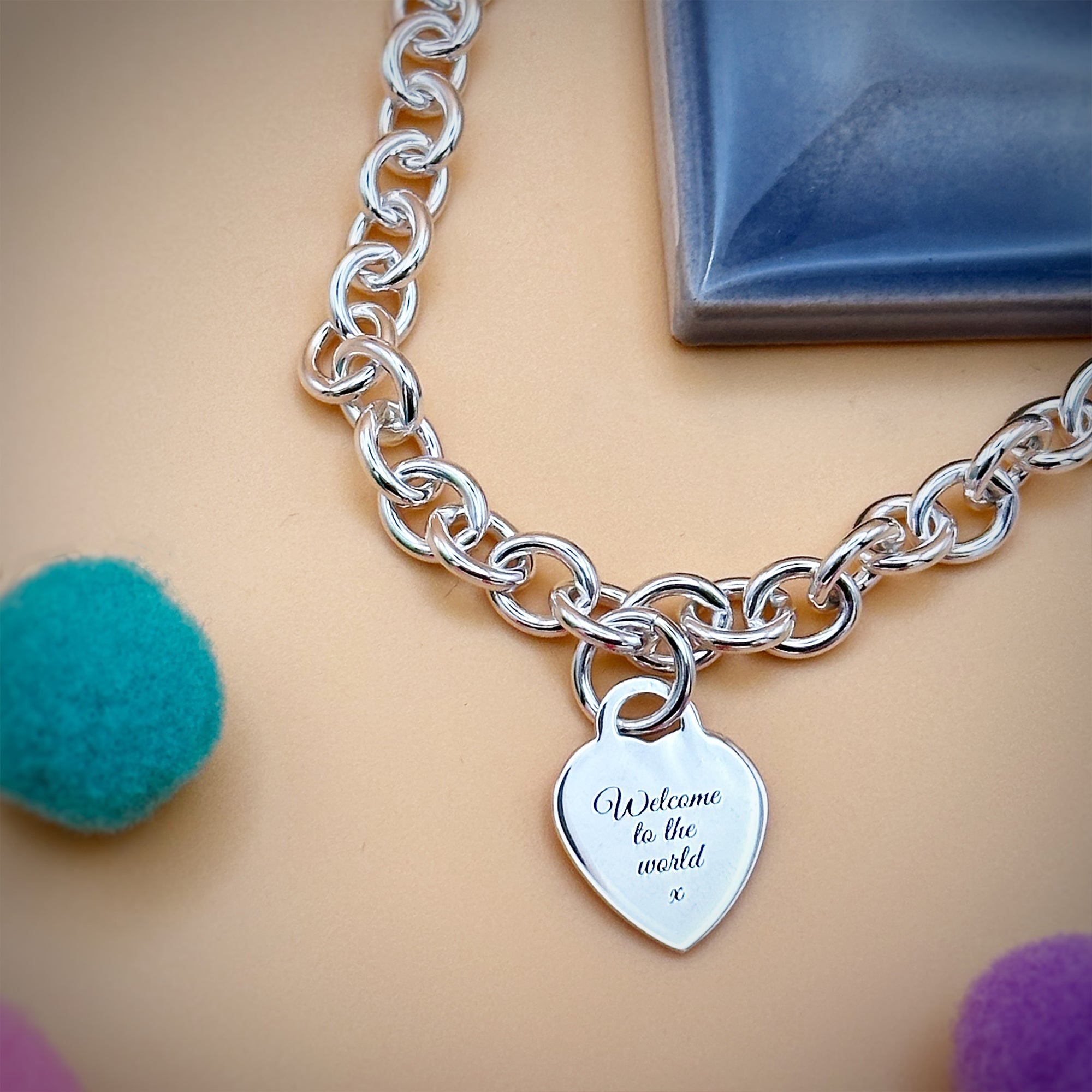 personalised new baby name heart tag charm bracelet