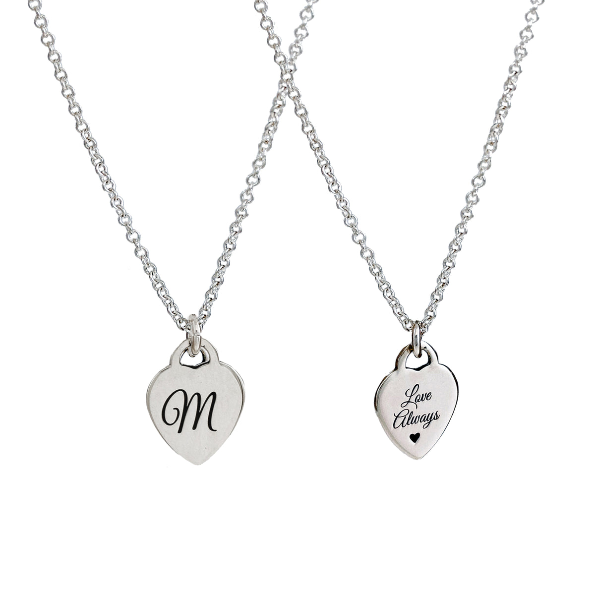 sterling silver tiny heart tag personalised necklace with initial and message